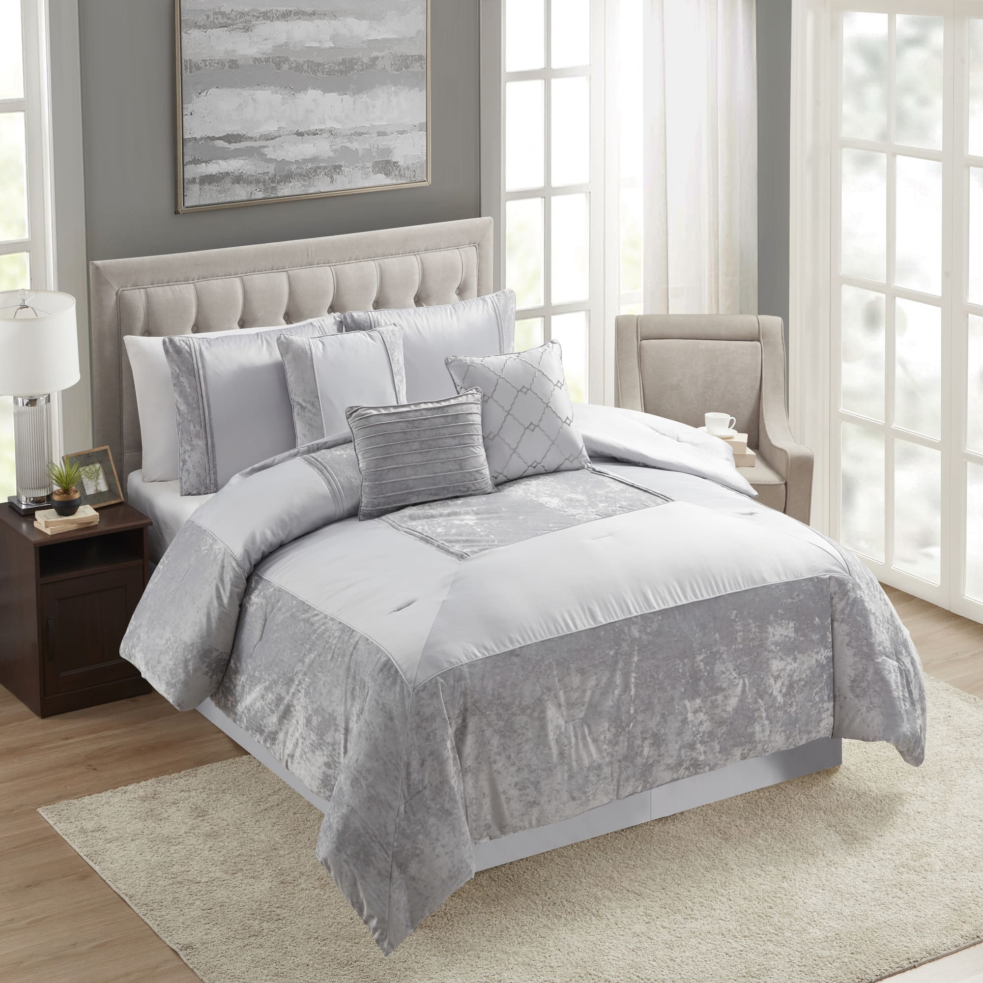 Sweet Home Collection - Luna 7 Piece Crushed Velvet Elegant Comforter & Decorative Pillow Set - Queen - Gray