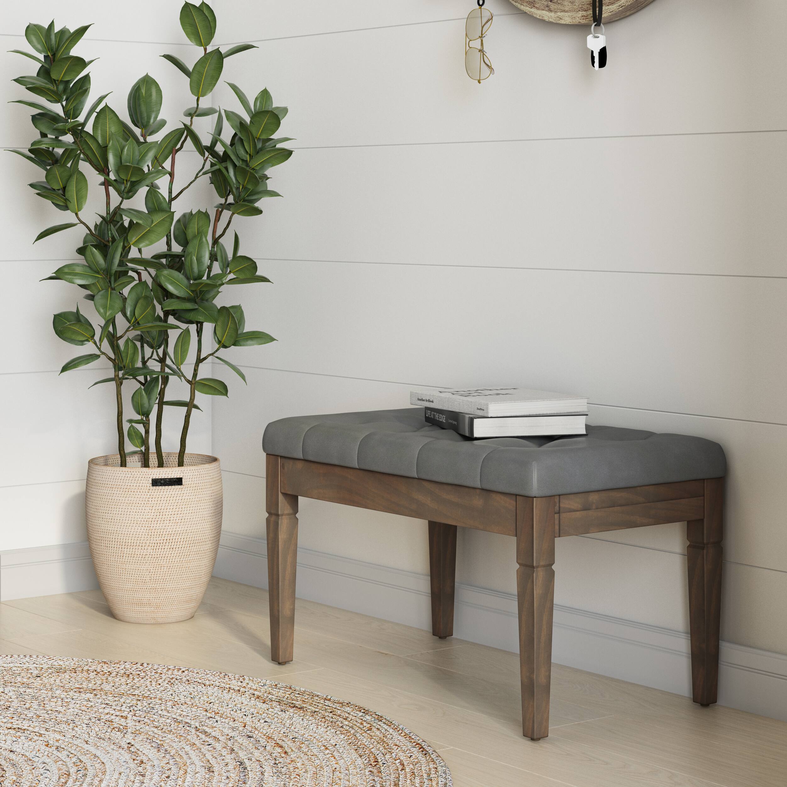 Left. Simpli Home - Waverly Small Tufted Ottoman Bench - Stone Grey.