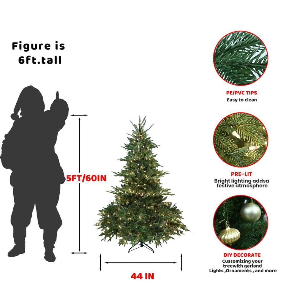Figure is 6ft. tall  
5FT/60IN  
44 IN  

PE/PVC TIPS  
Easy to clean  

PRE-LIT  
Bright lighting adds a festive atmosphere  

DIY DECORATE  
Customizing your tree with garland, Lights, Ornaments, and more