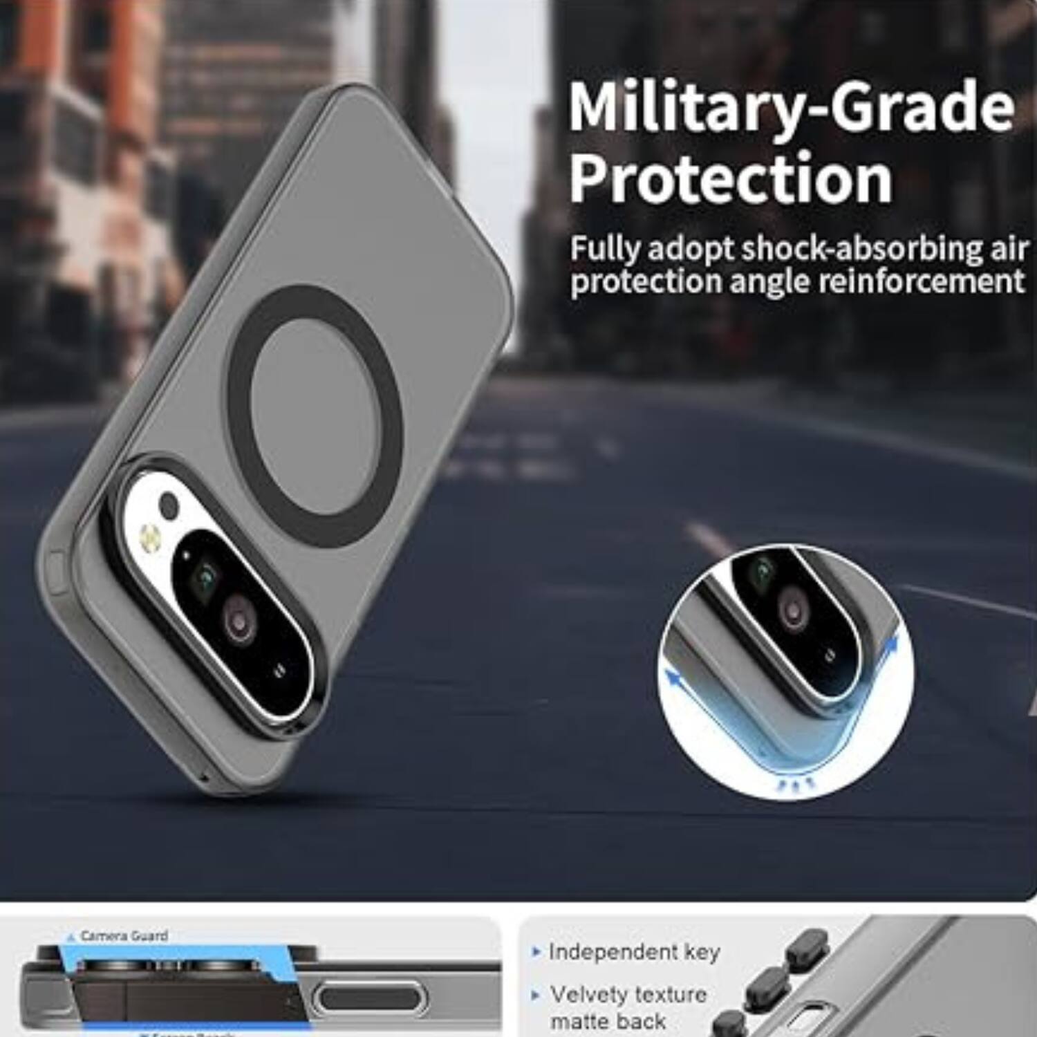 Military-Grade Protection  
Fully adopt shock-absorbing air protection angle reinforcement  

Independent key  
Velvety texture matte back