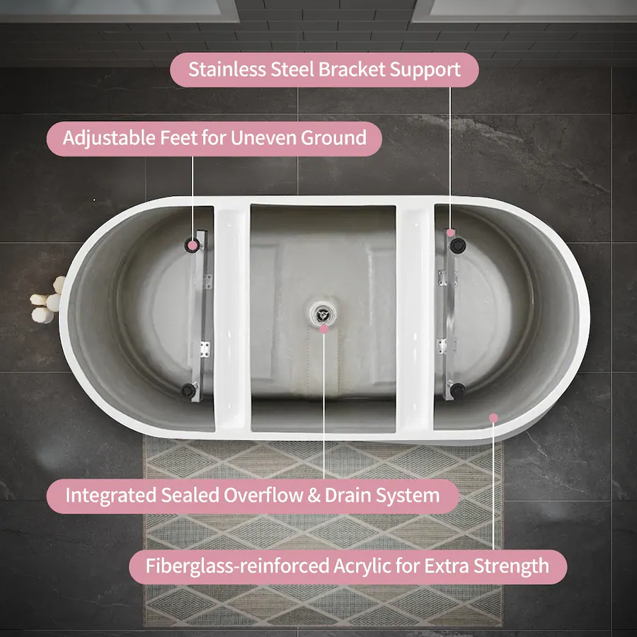 Top Overflow System Loheer 59 in Acrylic Freestanding Soaking Bathtub with Integrated ...