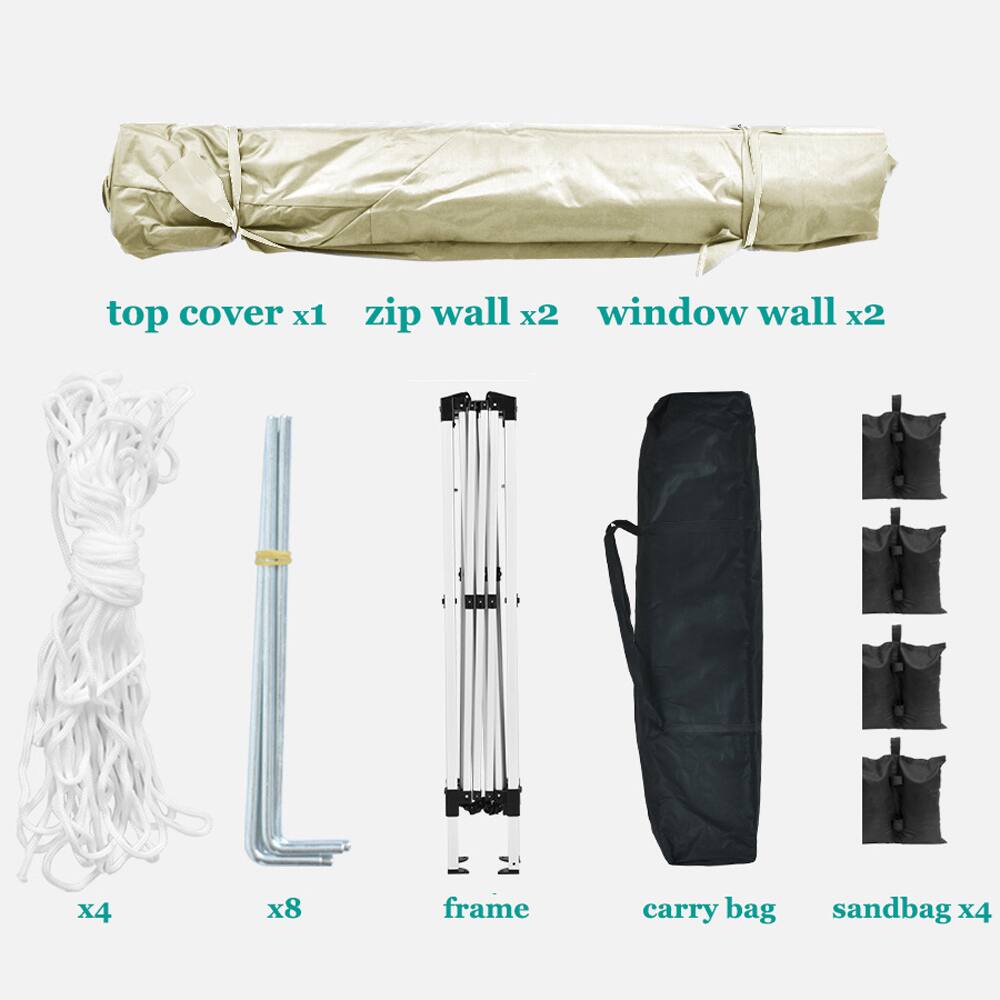 top cover x1  
zip wall x2  
window wall x2  
frame x4  
x8  
carry bag  
sandbag x4