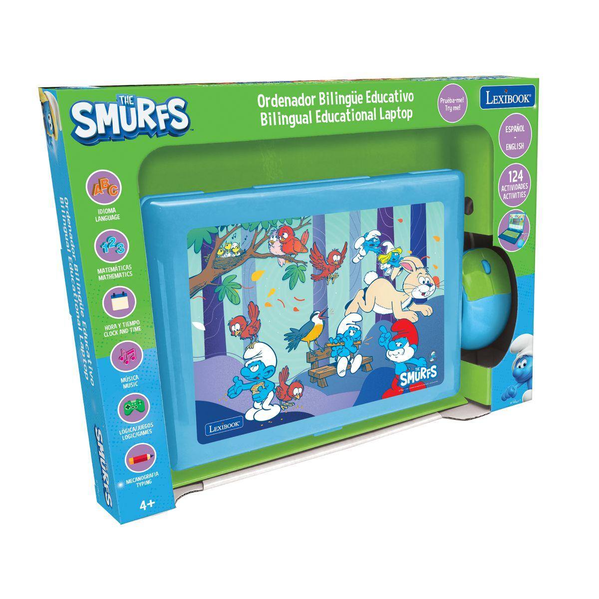 THE Ordenador Bilingüe Educativo Prueba-me! LEXIBOOK Try me! SMURFS Bilingual Educational Laptop ESPAÑOL ENGLISH 124 APC ACTIVIDADES ACTIVITIES IDIOMA LANGUAGE Bilingual MATEMÁTICAS MATH Educational lingue CLOCK HORA Y TIEMPO TIME MÚSICA MUSIC SMURFS LÓGICA/JUEGOS LOGIC/GAMES LEXIBOOK SMURFS MECANOGRAFIA TYPING 4+