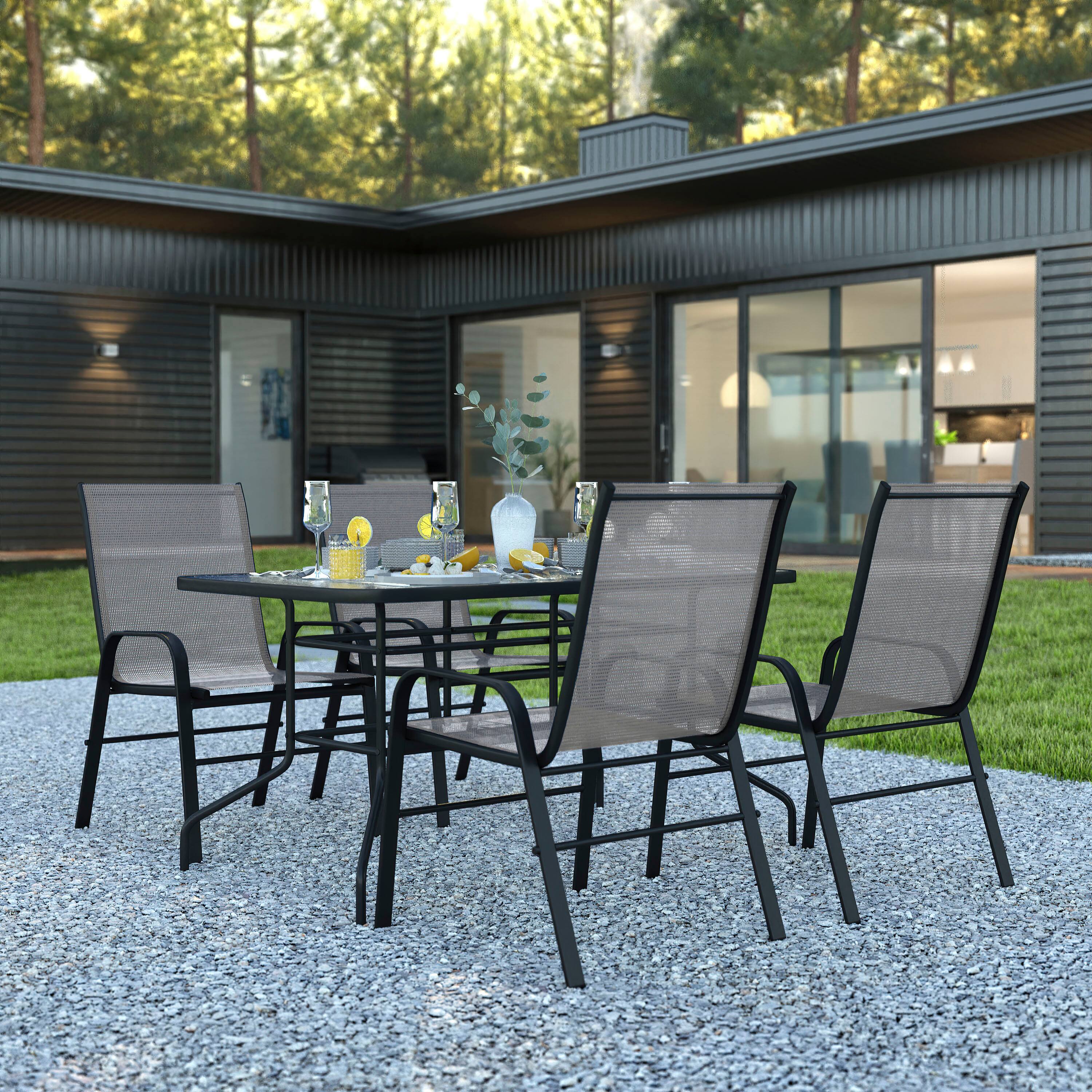Alt View 1. Emma + Oliver - Five Piece Patio Table Set with Metal Table with Tempered Glass Top and 4 Flex Comfort Stacking Chairs - Gray.