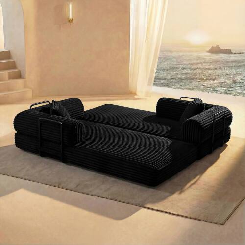 Left. Anysun - Corduroy Convertible Floor Sofa Bed with Pillow Support & Armrest - Boneless Modular Sleeper for Living Room & Bedroom - Black.