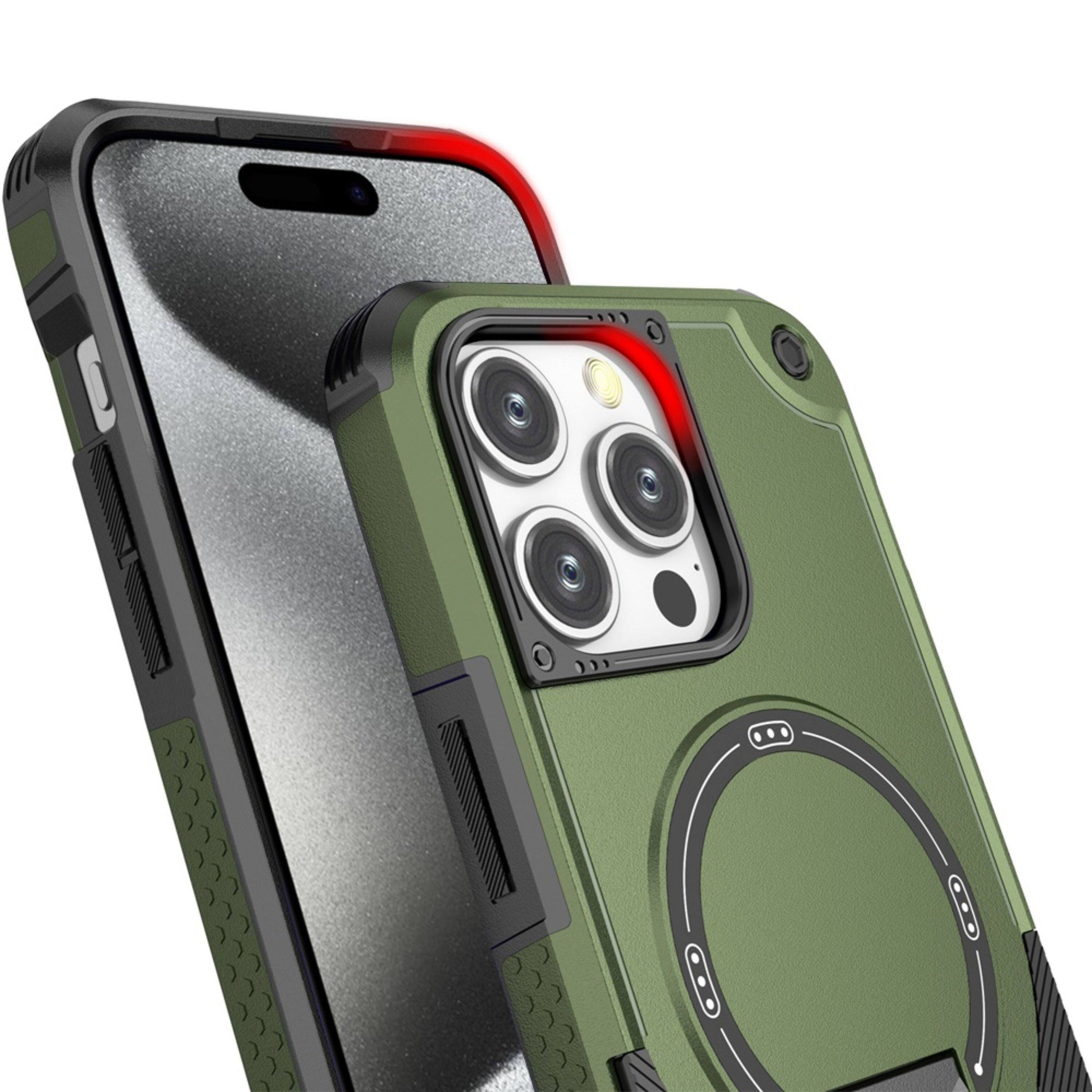 Angle. Kitcheniva - Rugged Magnetic Grip Stand Case With Tempered Glass For iPhone 15 Pro Max Midnight Green - Midnight Green.
