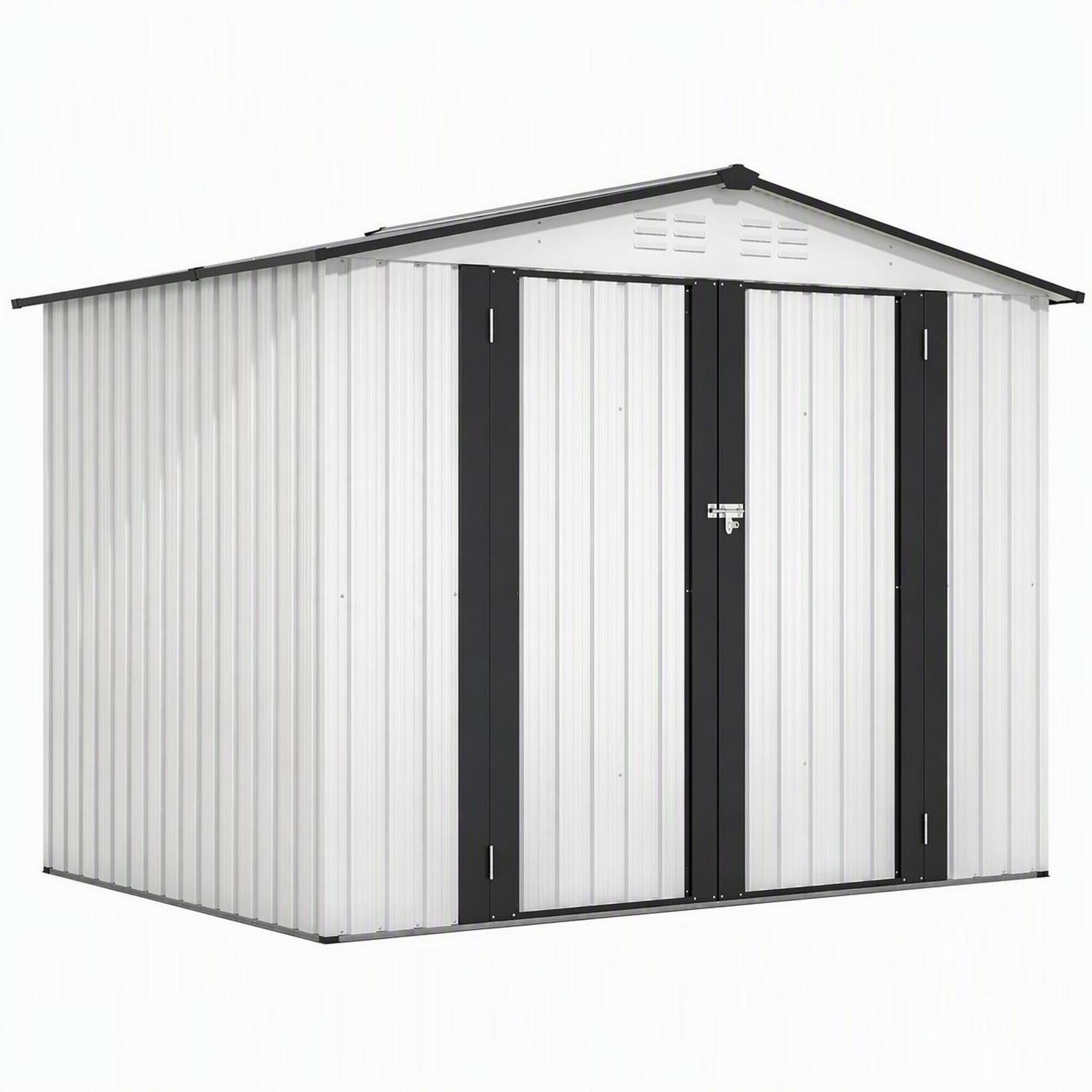 Front. RYHNUYNE - White 8x6 ft Steel Shed Lockable Doors Weatherproof Garden Tool House Backyard - White.