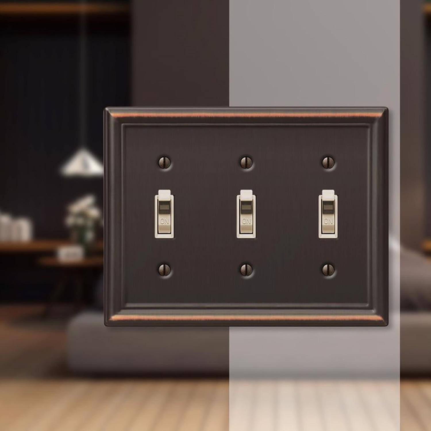 Left. AMERELLE - Amerelle Chelsea Aged Bronze 3 gang Stamped Steel Toggle Wall Plate 1 pk - Bronze.