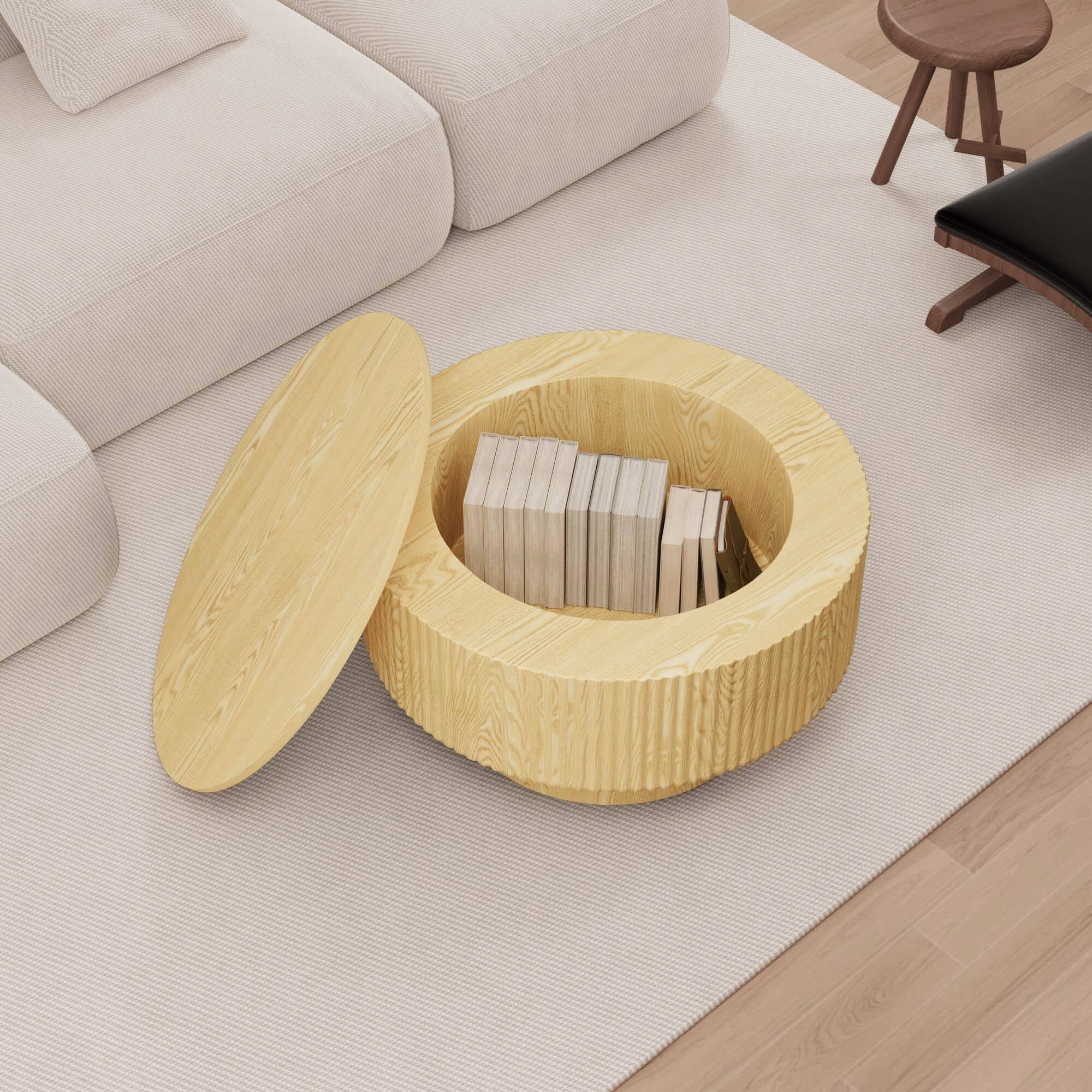 Alt View 2. TinyHomie - 29.53in MDF modern round coffee table and 2 PU dining chairs set ring-striped design and storage space dining set - Beige and Wood.