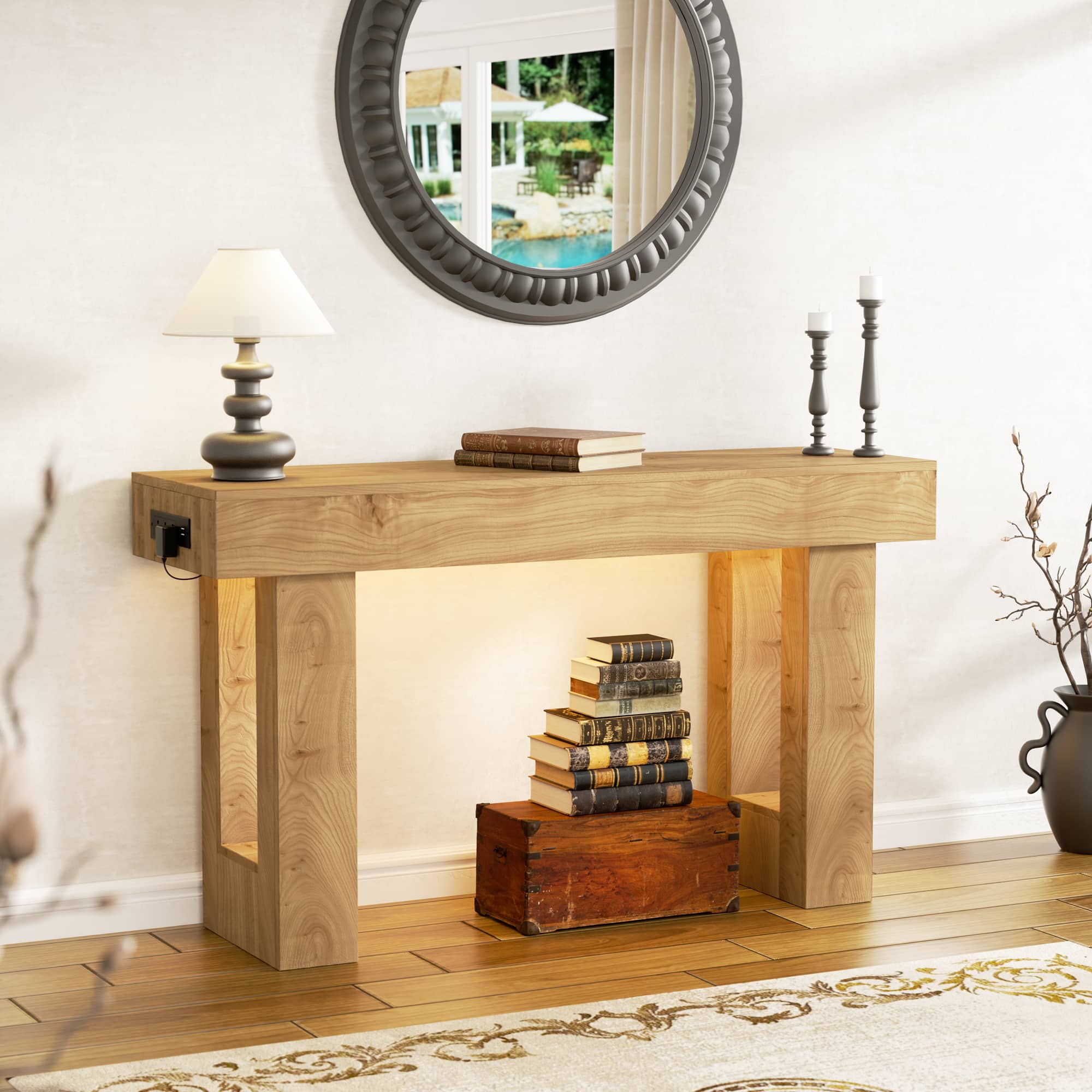 Aheaplus - 47" Farmhouse Narrow Console Table - Socket, Sensor Light & Storage for Entryway/Hallway/Living Room - Natural Oak