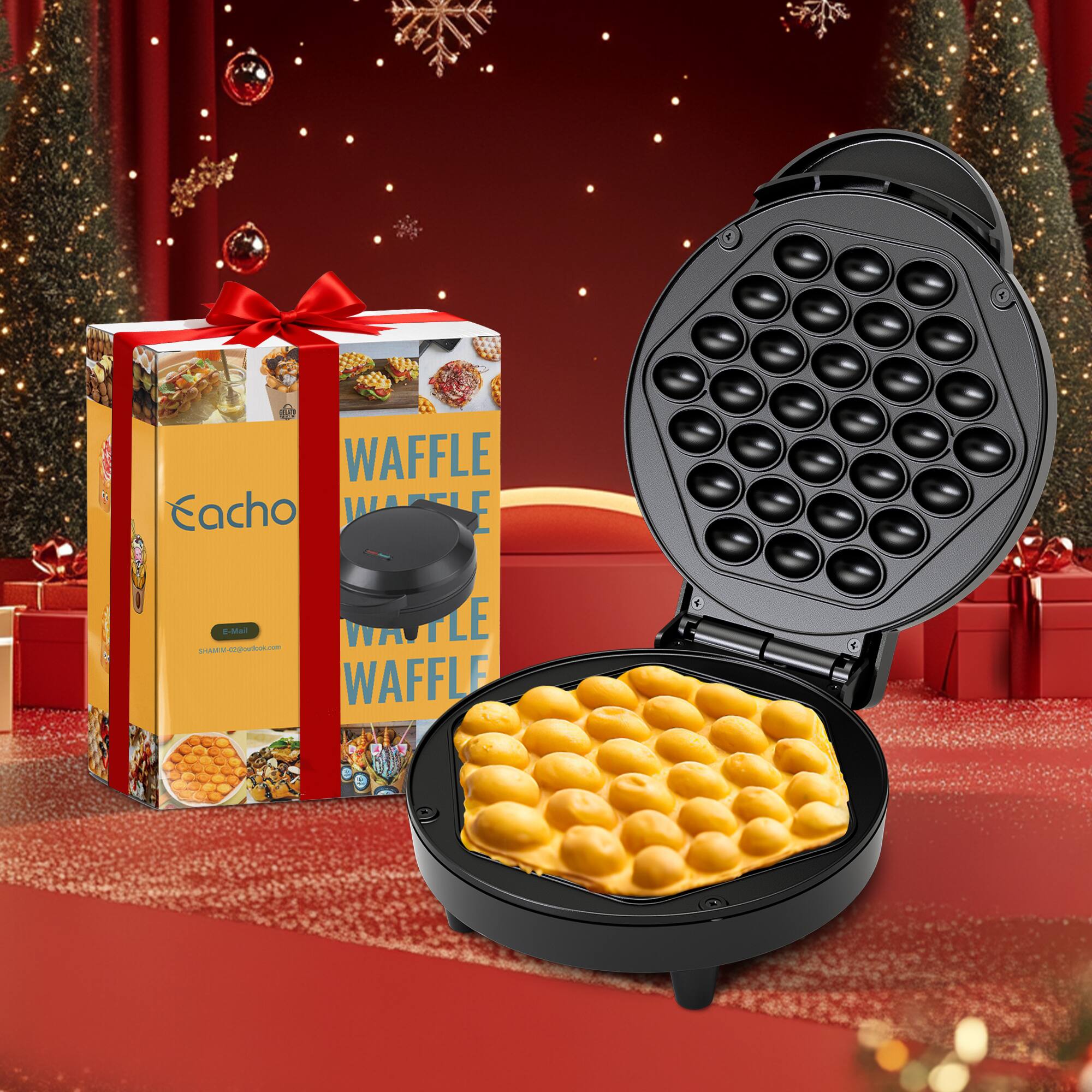 KEINVE - Bubble Waffle Maker - 1000W Electric Non stick Egg Waffler Iron Griddle w/Ready Indicator Light - Black