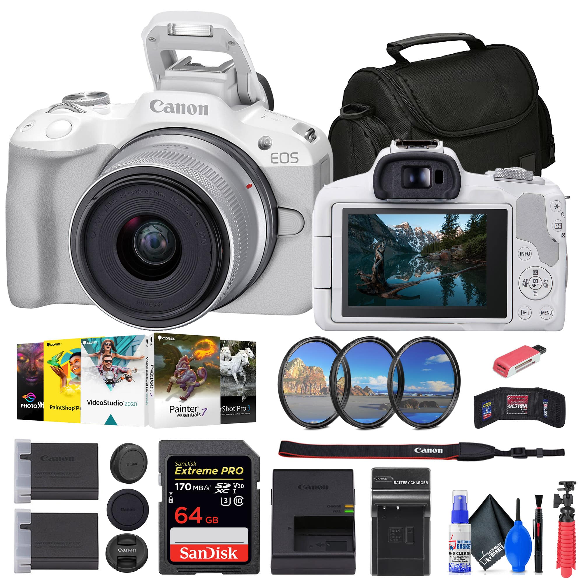 Canon - EOS R50 Mirrorless Camera with 18-45mm Lens + 64GB Card + Bag + More - White
