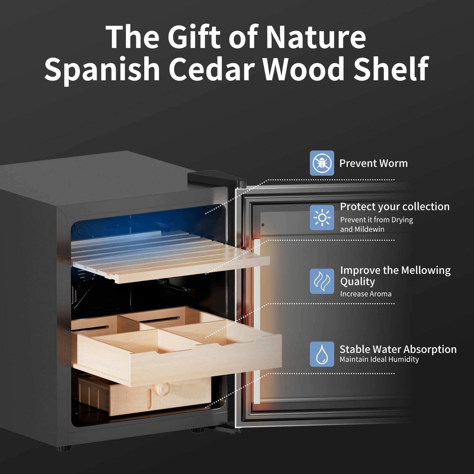 The Gift of Nature Spanish Cedar Wood Shelf

- Prevent Worm
- Protect your collection
  - Prevent it from Drying and Mildew
- Improve the Mellowing Quality
  - Increase Aroma
- Stable Water Absorption
  - Maintain Ideal Humidity