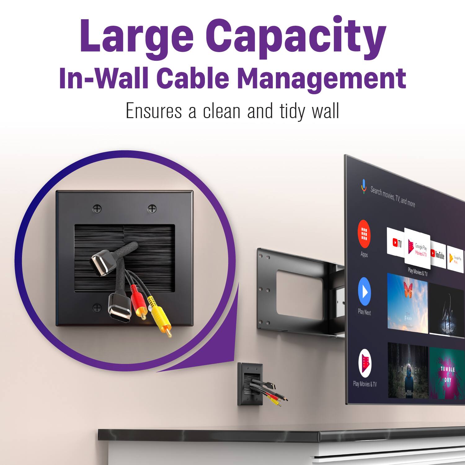 Large Capacity In-Wall Cable Management  
Ensures a clean and tidy wall