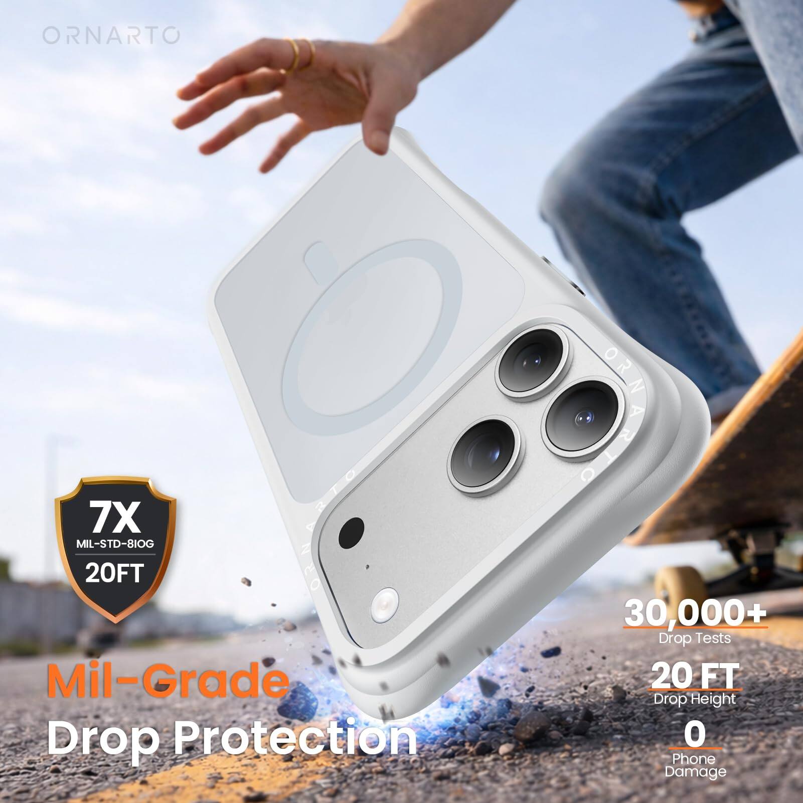 ORNARTO MIL-STD-810G 7X NARTO 20FT  
Mil-Grade Drop Protection  
ORN A  
30,000+ Drop Tests  
20 FT Drop Height  
0 Phone Damage