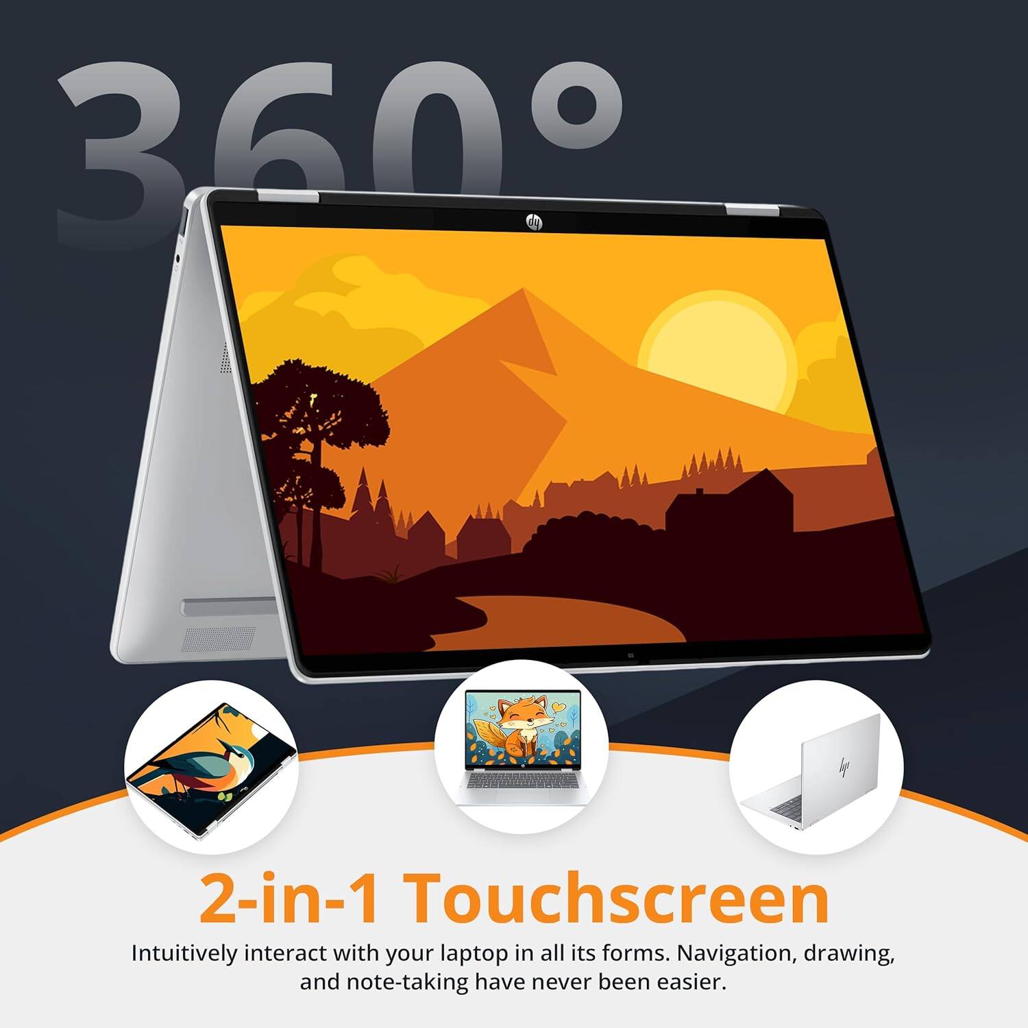 360°

2-in-1 Touchscreen

Intuitively interact with your laptop in all its forms. Navigation, drawing, and note-taking have never been easier.