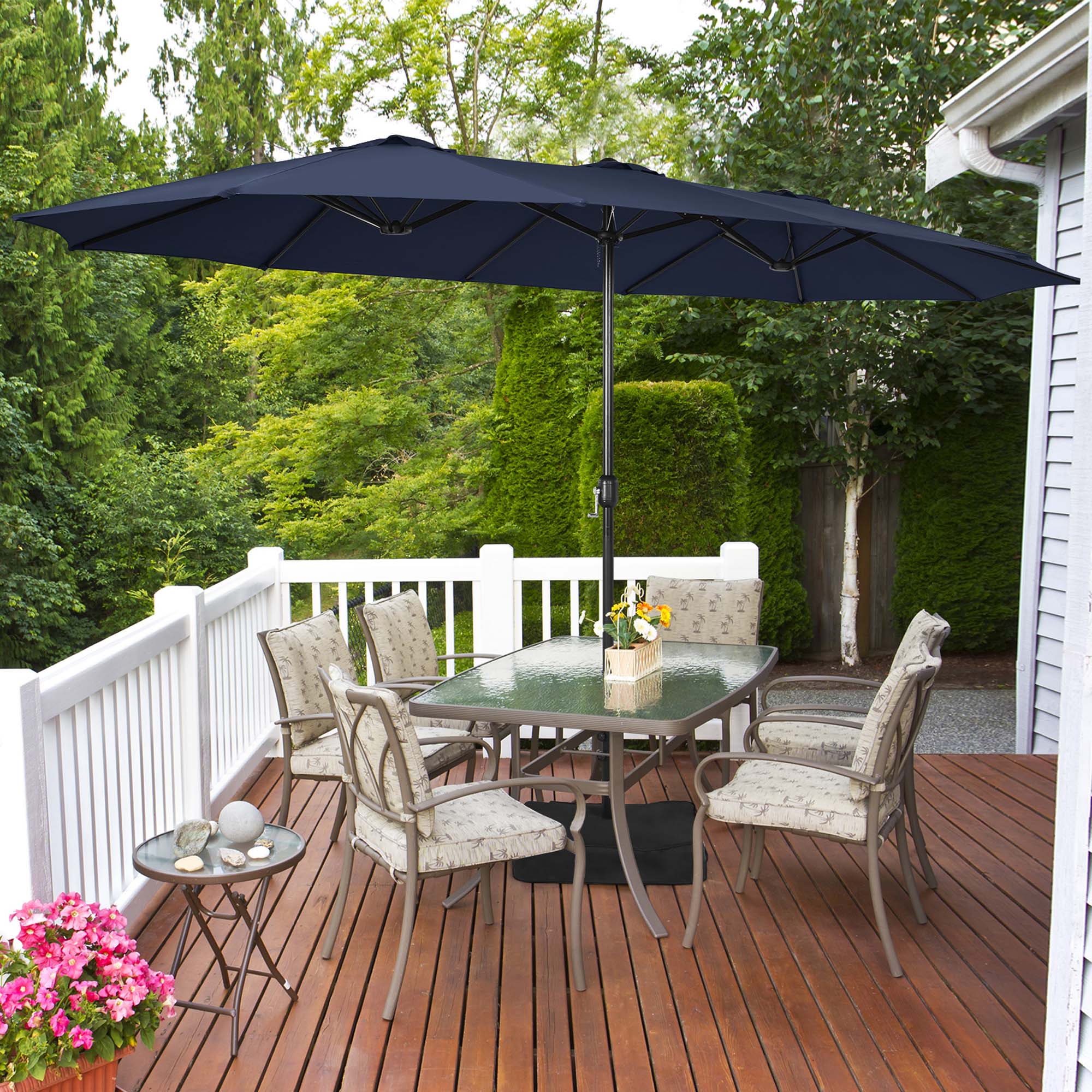 Alt View 4. Costway - 15FT Double-Sided Twin Patio Umbrella Sun Shade Outdoor Crank Market Base - Navy.