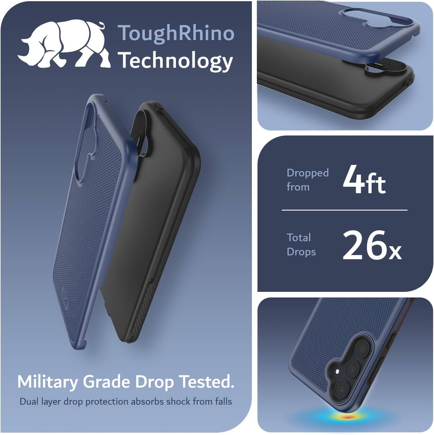ToughRhino Technology Dropped 4ft from Total Drops 26x Military Grade Drop Tested. Dual layer drop protection absorbs shock from falls