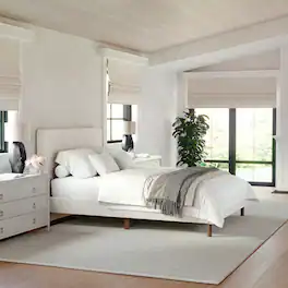 Martha Stewart - Britta Faux Linen Upholstered Full Size Platform Bed with Piped Headboard - Beige Fabric/Walnut Legs