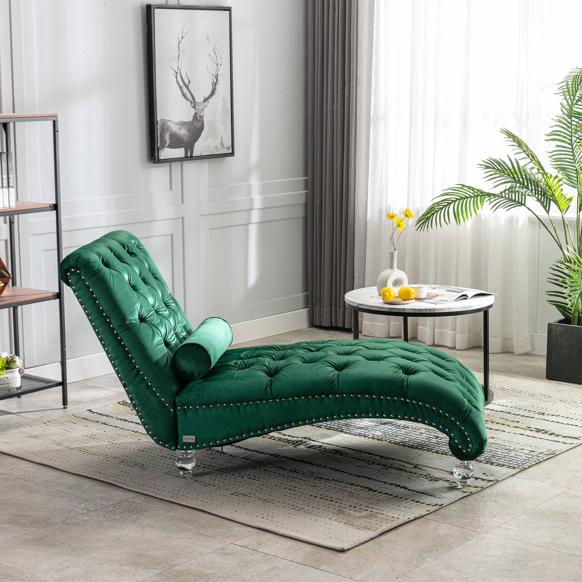 Alt View 2. Trinkets Crazed - Velvet Indoor Chaise Lounge Chair with Toss Pillow, Upholstered Modern Tufted Button Lounge Chair with Acrylic Legs - Emerald.