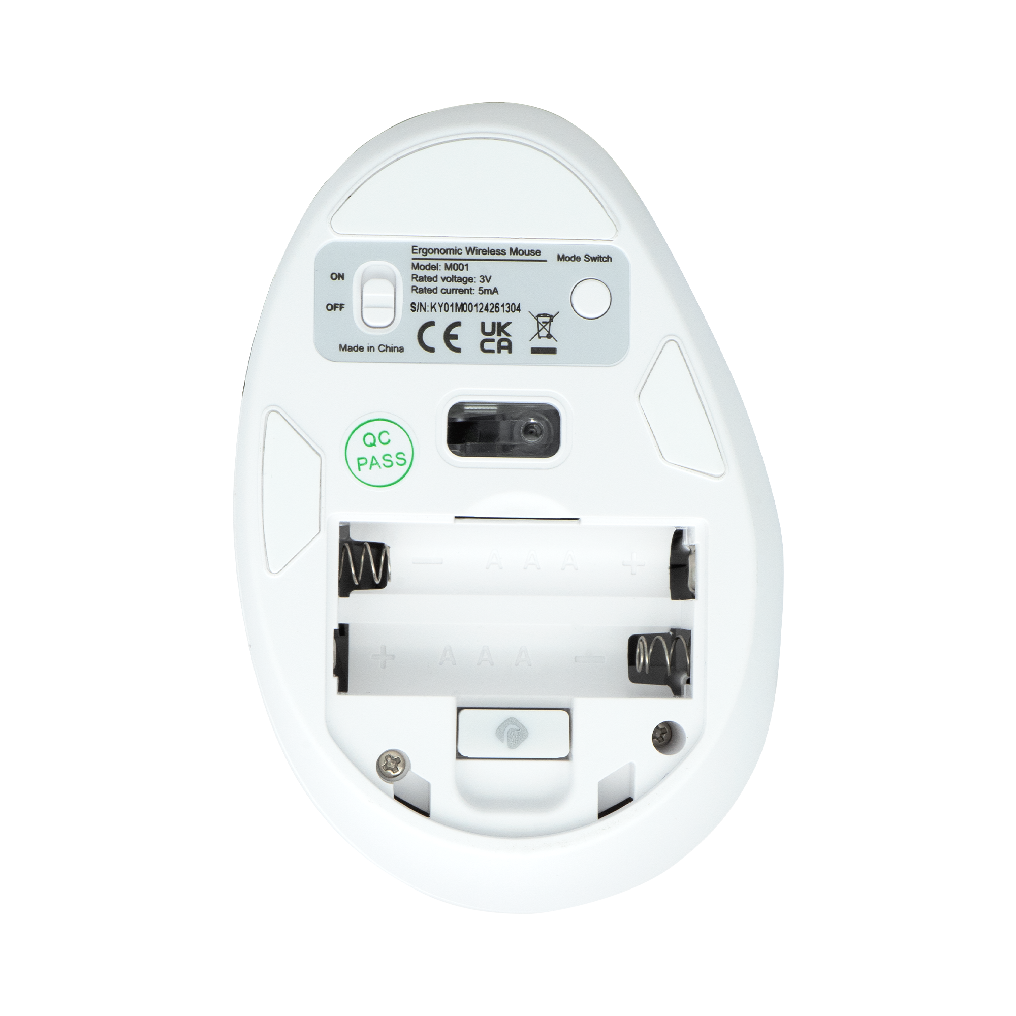 Ergonomic Wireless Mouse Mode Switch Model: M001 Rated voltage: 3V Rated current: 5mA OFF S/N:KY01M00124261304 UK Made in China CE CA QC PASS W AAA + +