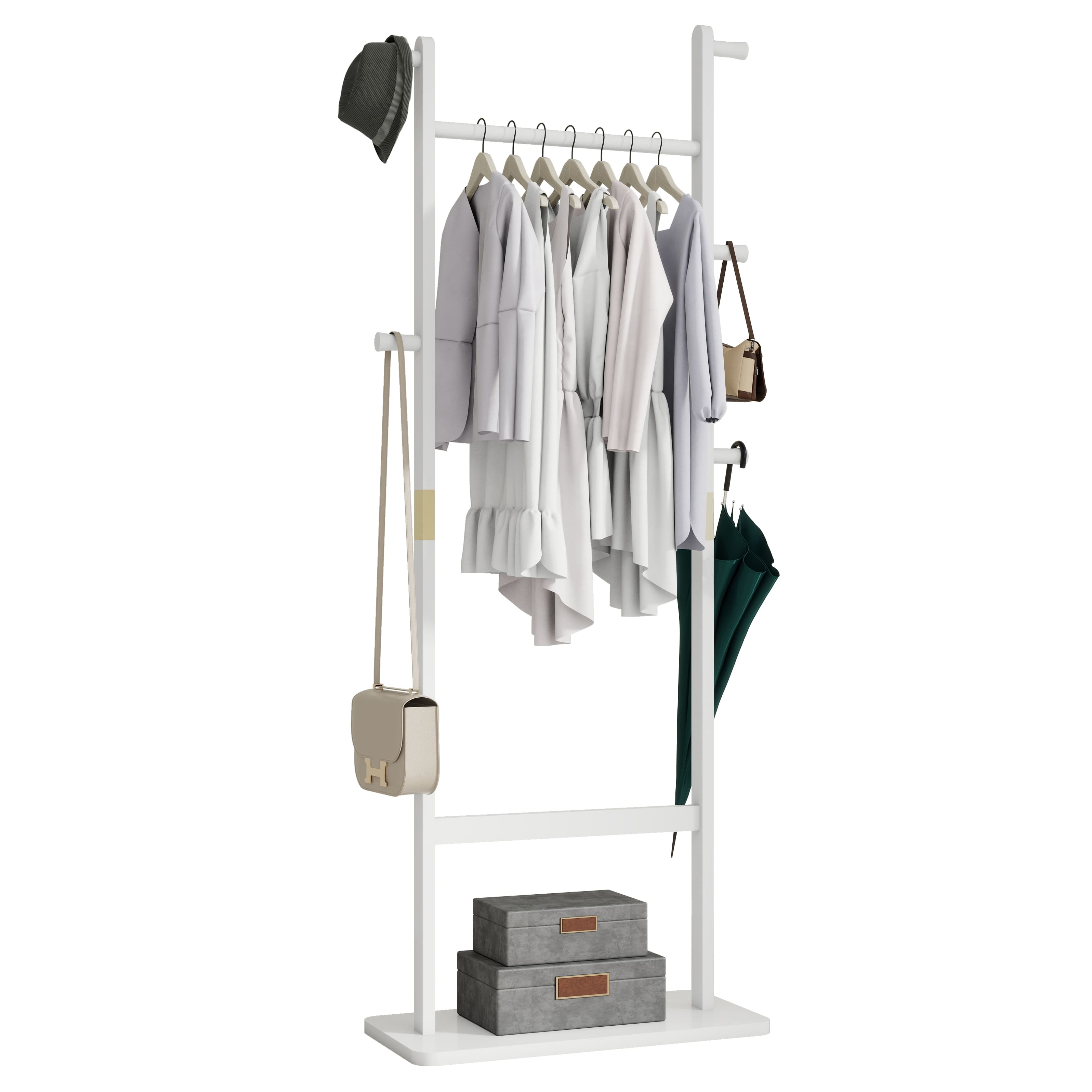 Z-Edge - Solid Wood Coat Rack, Freestanding Clothing Rack with 5 Hooks & Bottom Shelf, Coat Rack Stand for Entryway, Bedroom - White