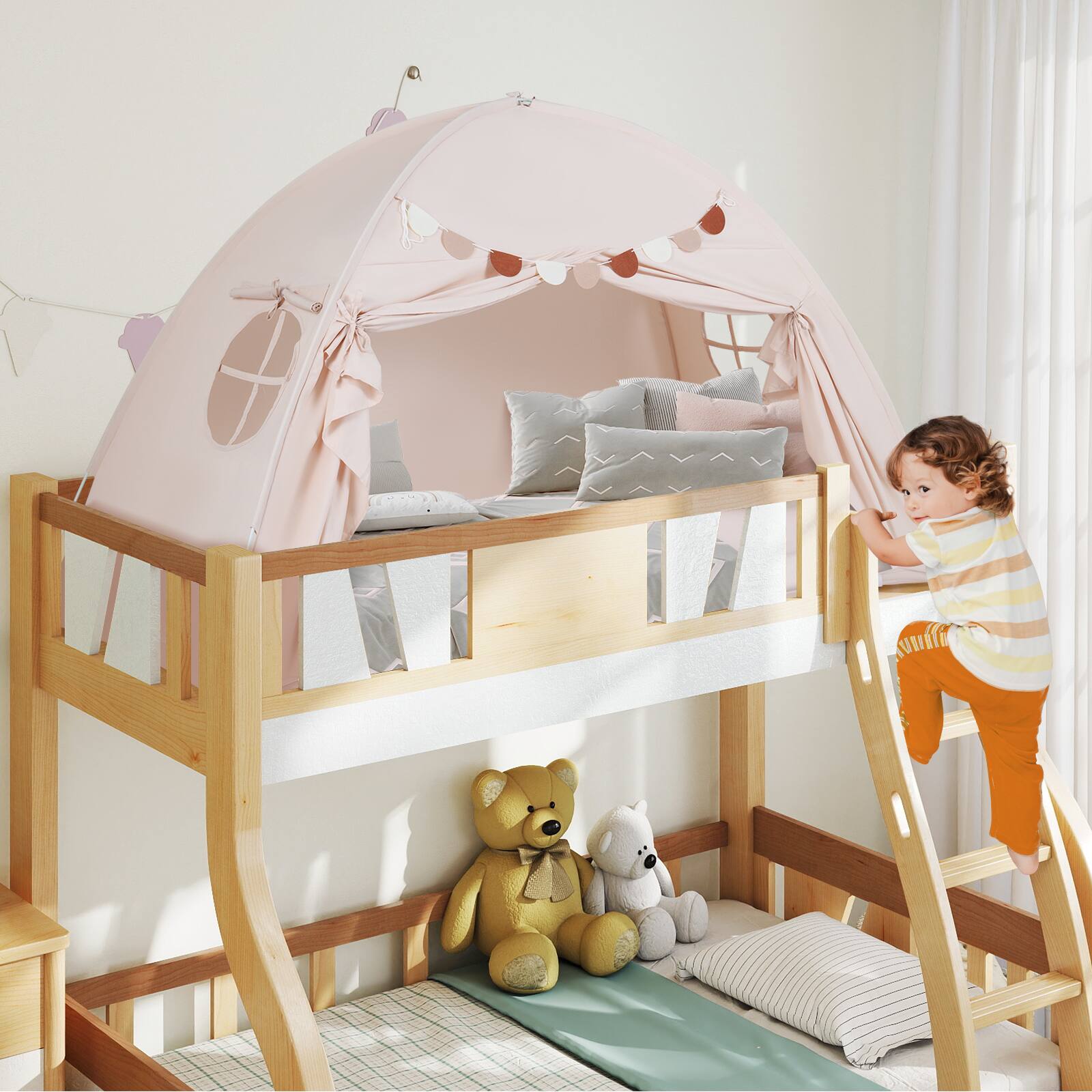 Alt View 3. Gymax - Gymax Twin Full Size Bed Tent w/2 Windows Flags for Boys & Girls Aged 3+ Years Old Beige - Beige.