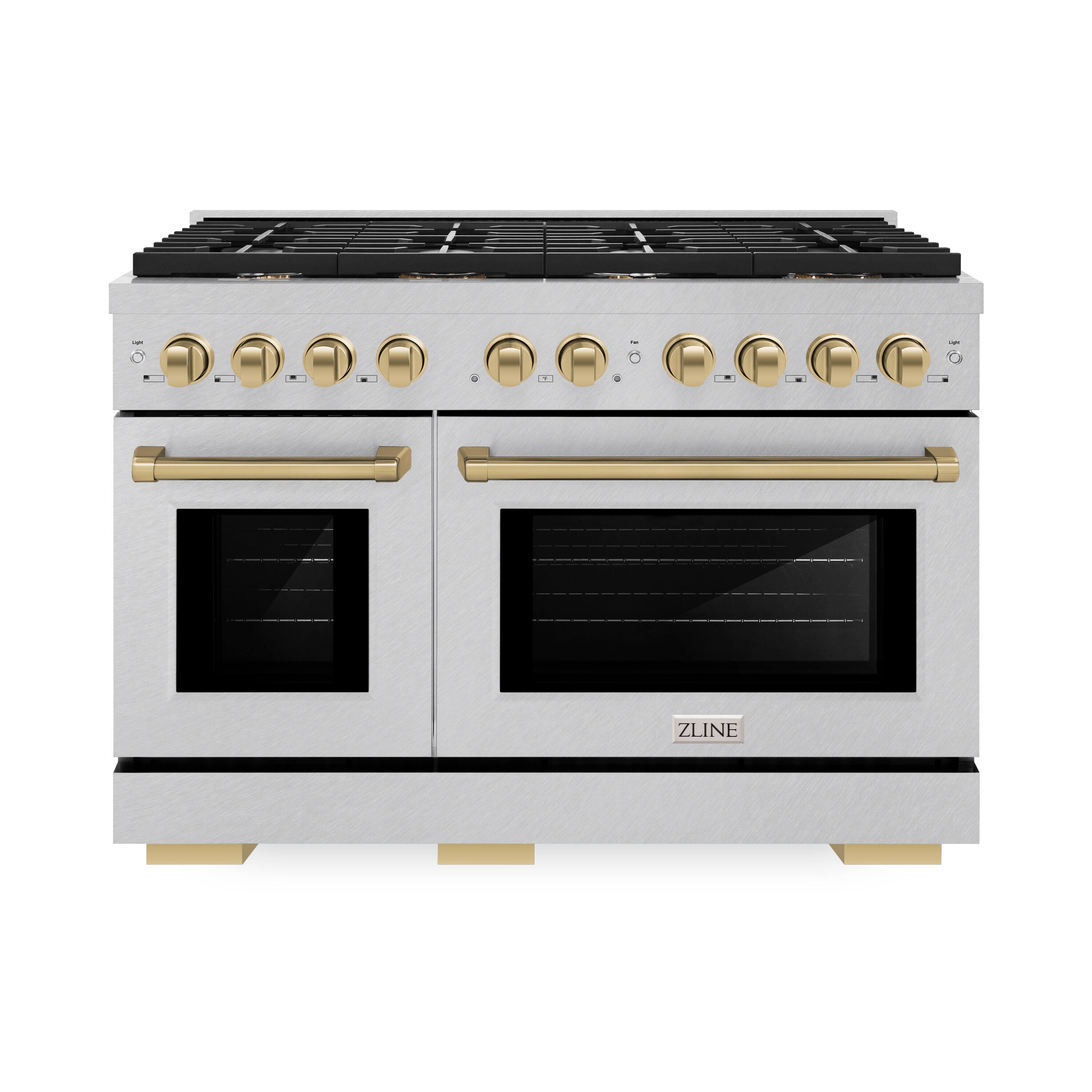 Front. ZLINE - ZLINE Autograph 48 in. Paramount Dual Fuel Satin Steel Range w/ 8 Burners & Bronze Accents (SDRSZ-48-CB) - Stainless Steel.