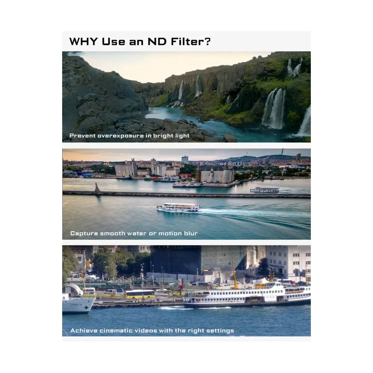 WHY Use an ND Filter?  
Prevent overexposure in bright light  
Capture smooth water or motion blur  
Achieve cinematic videos with the right settings