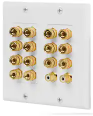 Front. Fosmon - 2 Gang Wall Plate Cover, (7.1 Surround Sound) Gold Plated Home Theater Copper Banana Binding Coupler for 7 Speakers - White.