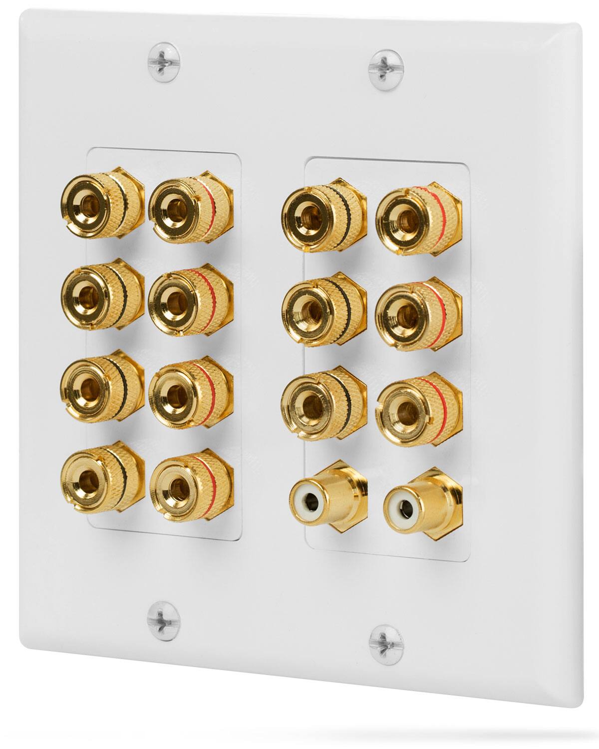 Front. Fosmon - 2-Gang 7.1 Surround Sound Distribution Wall Plate w/ Gold Plated 7-Pair Copper Binding Posts + 2 RCA Jacks - White - White.