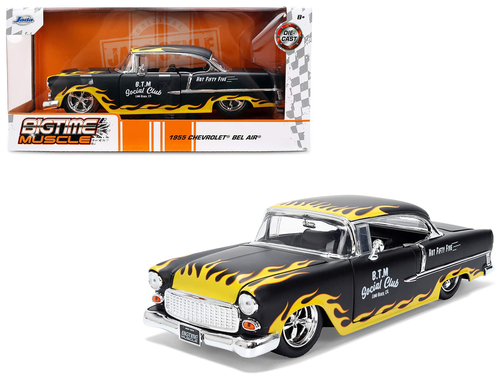 "1955 Chevrolet Bel Air ""BTM Social Club"" Matt Black with Flames ""Bigtime Muscle"" Series 1/24 Diecast Model Car by Jada" price history on PriceWatchPro