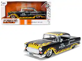 1955 Chevrolet Bel Air "BTM Social Club" Matt Black with Flames "Bigtime Muscle" Series 1/24 Diecast Model Car by Jada - Multicolor
