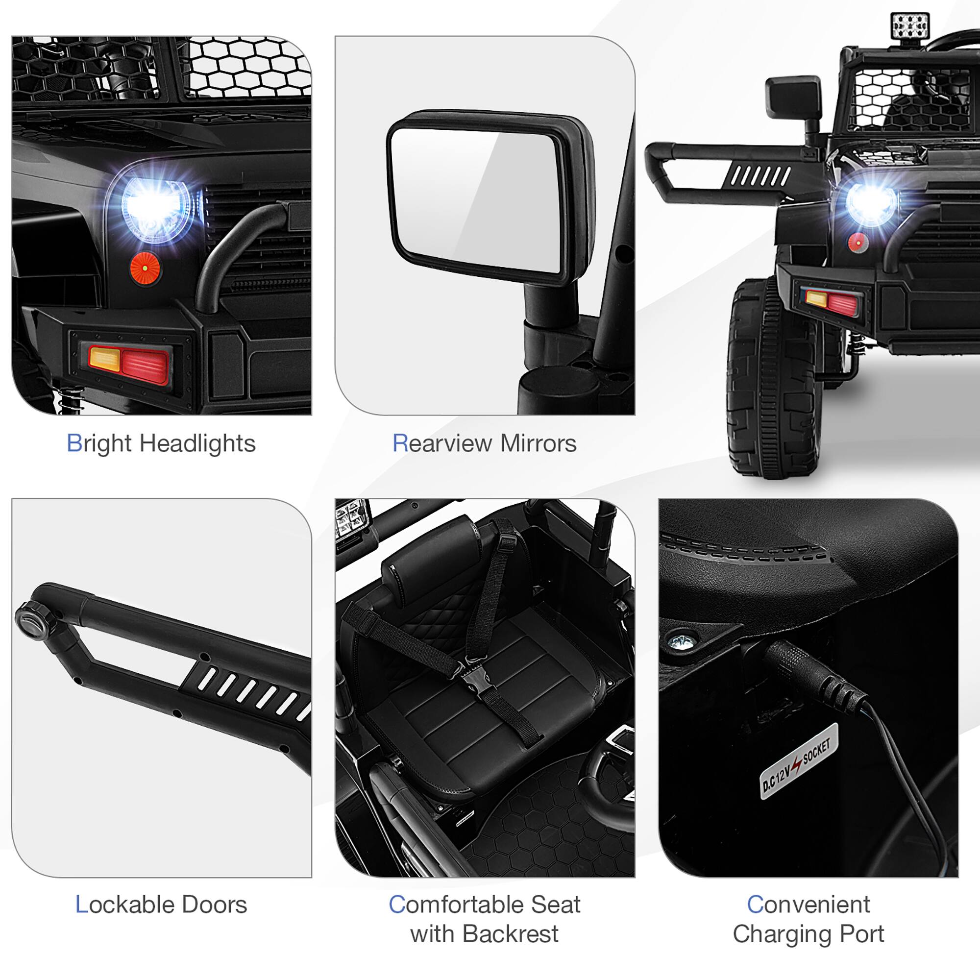 Bright Headlights, Rearview Mirrors, Lockable Doors, Comfortable Seat with Backrest, Convenient Charging Port