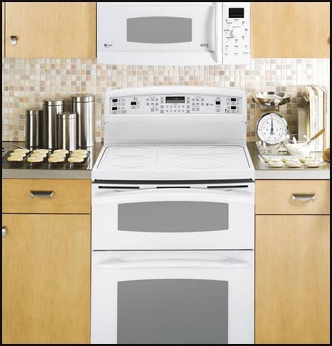 Front Standard. GE - Profile 30" Self-Cleaning Freestanding Double Oven Electric Convection Range - White-on-White.