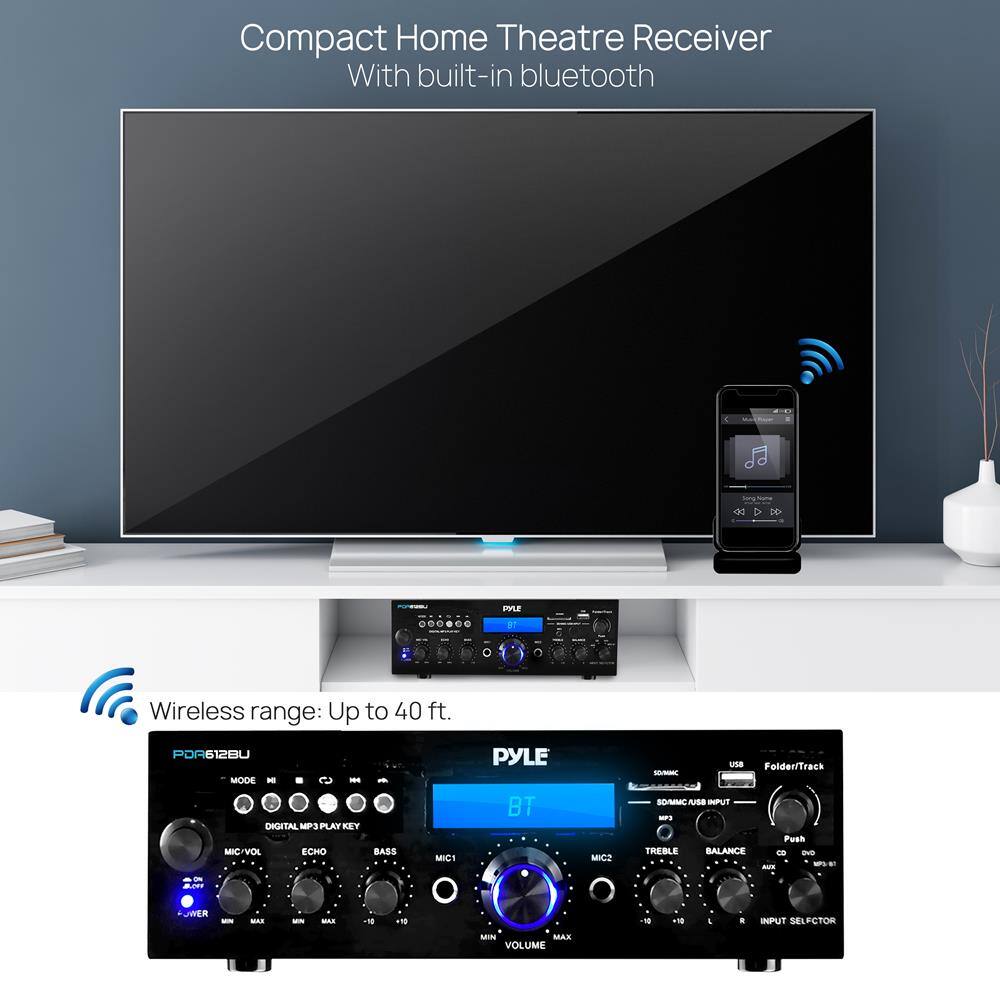 Compact Home Theatre Receiver  
With built-in bluetooth  

Wireless range: Up to 40 ft.  

PYLE  
POR612BU  

- NODE  
- DIGITAL MP3 PLAY KEY  
- MIC/VOL  
- ECHO  
- BASS  
- MIC1  
- VOLUME  
- MIC2  
- TREBLE  
- BALANCE  
- AUX  
- CD  
- USB  
- FOLDER/TRACK  
- SD/MMC/USB INPUT  
- INPUT SELF/CTOR  
- MIN  
- MAX  
- VOLUME  

- BT  
- SD/MMC/USB INPUT  
- FOLDER/TRACK  
- SD/MMC/USB INPUT  
- USB  
- FOLDER/TRACK  
- SD/MMC/USB INPUT  
- SD/MMC/USB INPUT  
- SD/MMC/USB INPUT  
- SD/MMC/USB INPUT  
- SD/MMC/USB INPUT  
- SD/MMC/USB INPUT  
- SD/MMC/USB INPUT  
- SD/MMC/USB INPUT  
- SD/MMC/USB INPUT  
- SD/MMC/USB INPUT  
- SD/MMC/USB INPUT  
- SD/MMC/USB INPUT  
- SD/MMC/USB INPUT  
- SD/MMC