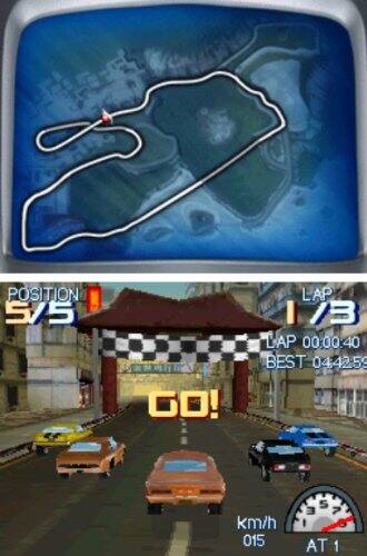 POSITION 5/5  
LAP 1/3  
LAP 00:00:40  
BEST 04:42.59  
GO!  
km/h 015  
AT 1