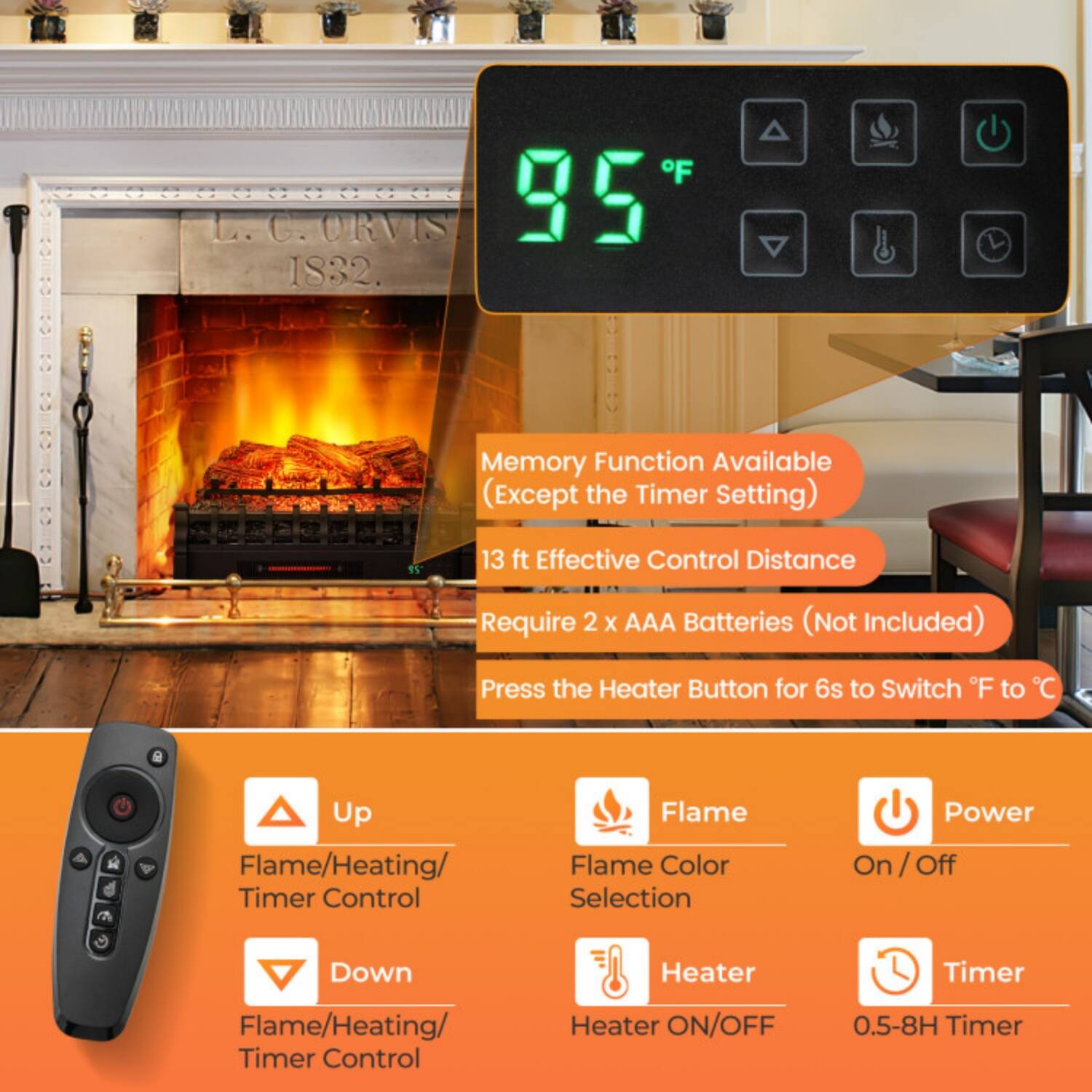 F L. G. ORVIS 95 I832.  
Memory Function Available (Except the Timer Setting)  
13 ft Effective Control Distance  
Require 2 x AAA Batteries (Not Included)  
Press the Heater Button for 6s to Switch F to C  

Heater Button:  
- Up: Flame/Heating/Timer Control  
- Down: Flame/Heating/Timer Control  
- Flame: Flame Color Selection  
- Power: On/Off  
- Heater: Heater ON/OFF  
- Timer: 0.5-8H Timer