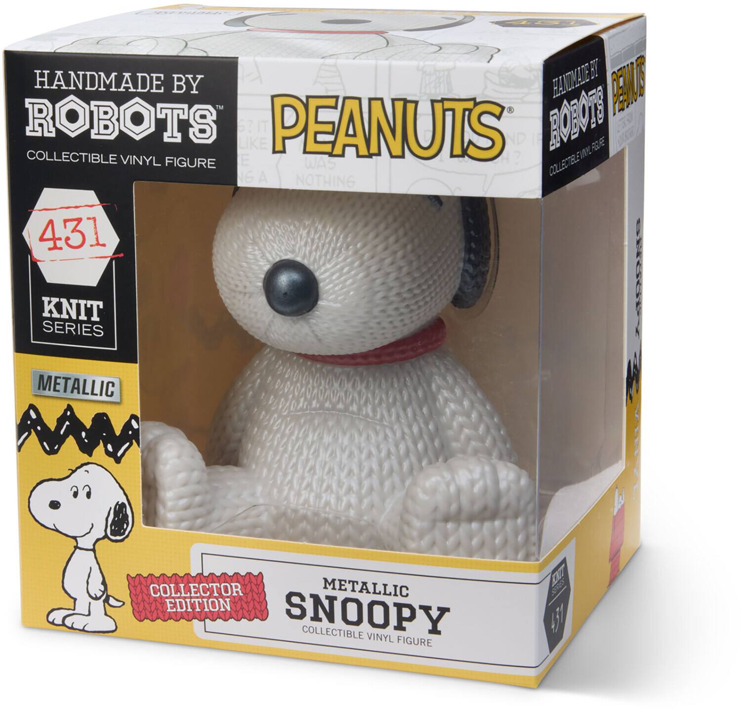 HANDMADE BY ROBOTS  
PEANUTS  
COLLECTIBLE VINYL FIGURE  

431  
KNIT SERIES  

METALLIC  
COLLECTOR EDITION  
SNOOPY  
COLLECTIBLE VINYL FIGURE