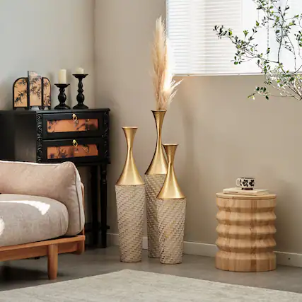 Front. Anysun - Modern Woven Pattern Metal Floor Vase 3-Piece Set - Glazed Finish for Home Decoration - Gold.