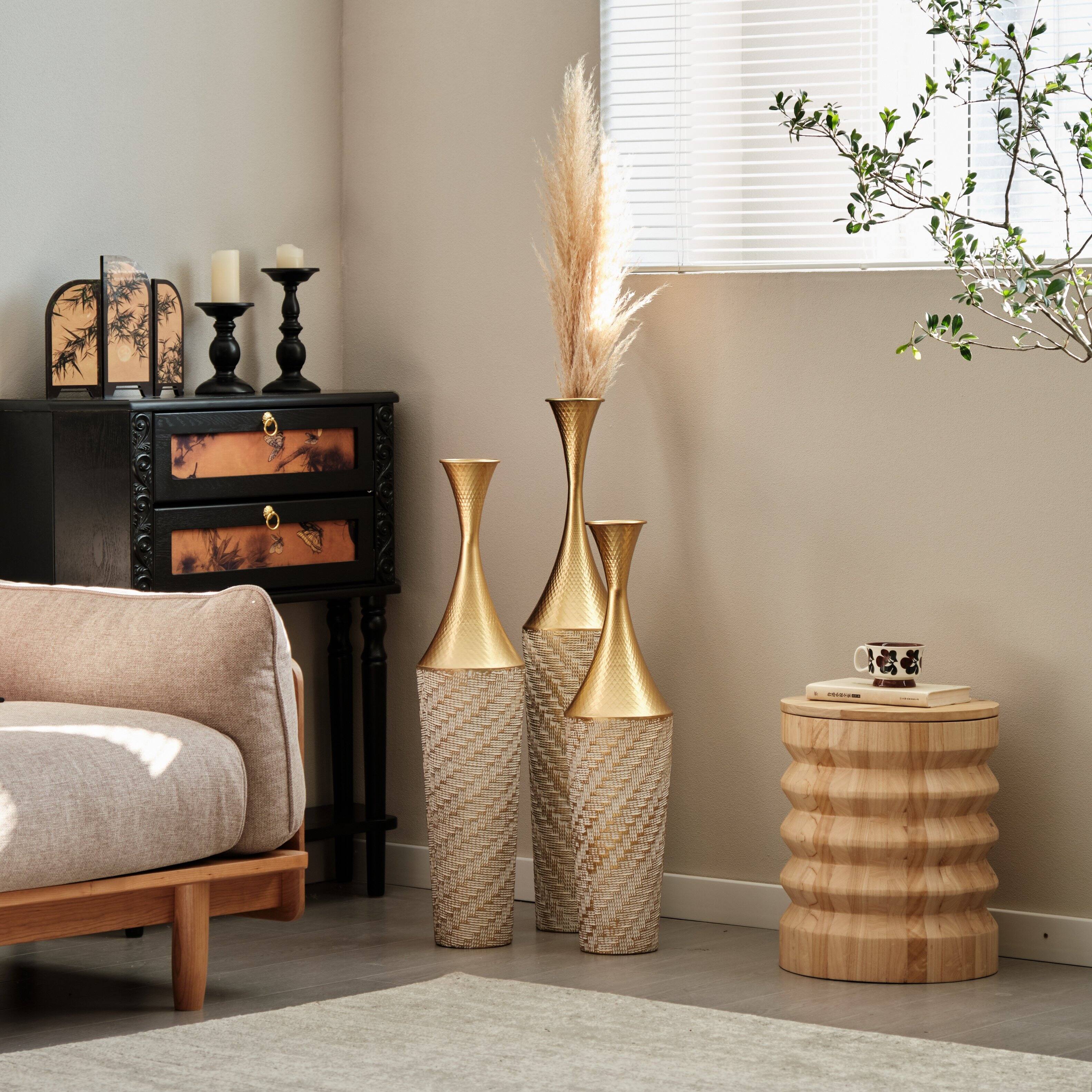 Front. Anysun - Modern Woven Pattern Metal Floor Vase 3-Piece Set - Glazed Finish for Home Decoration - Gold.