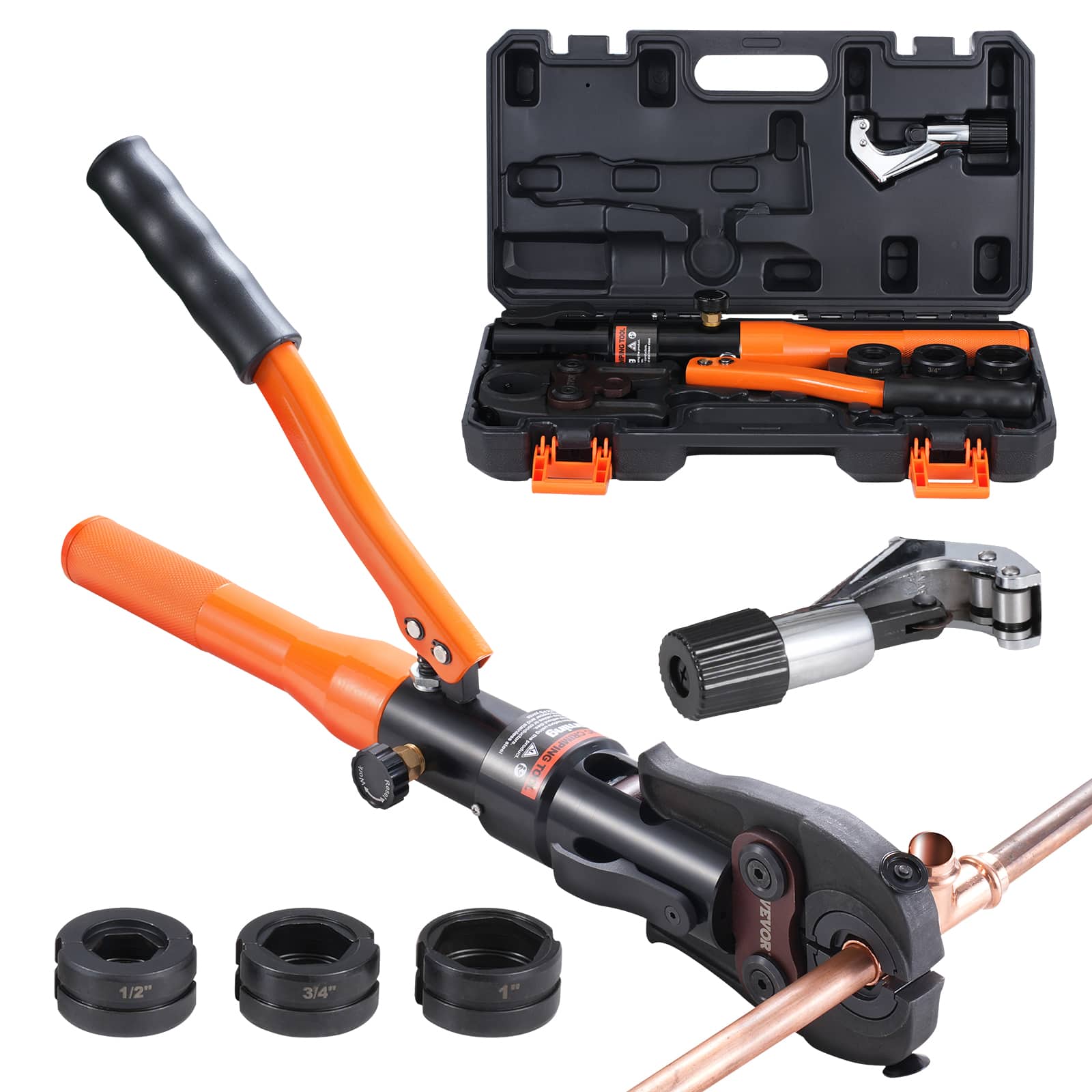 VEVOR - Copper Pipe Crimping Tool, Hydraulic Driven Press Tool with 1/2", 3/4", 1" Jaws, Copper Tube Fittings Pipe Crimpers - Black;orange