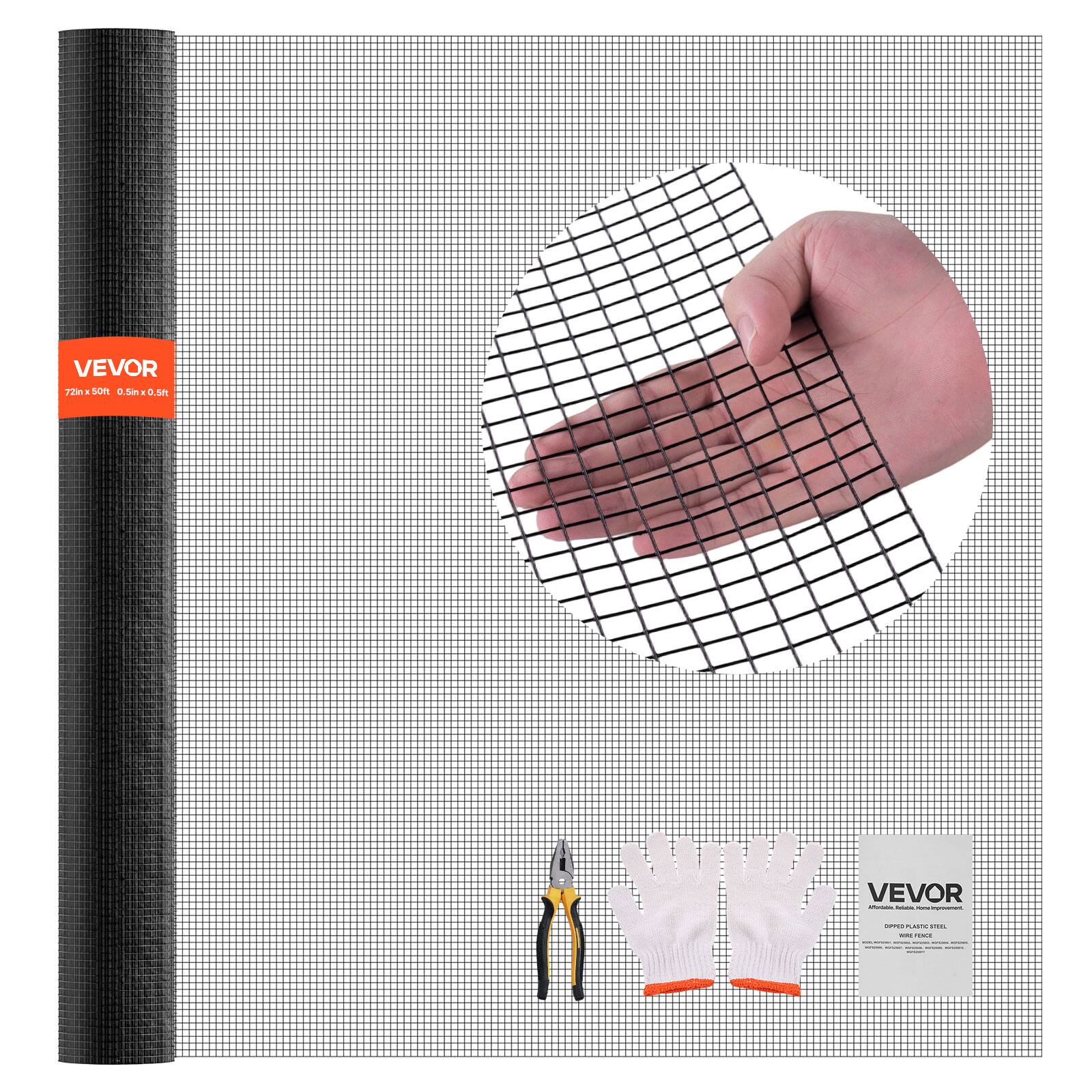 VEVOR - Hardware Cloth 72 in x 50 ft, 1/2in 19 Gauge Galvanized Wire Mesh Roll, Weather-Resistant Vinyl Coated Wire Fencing - Black