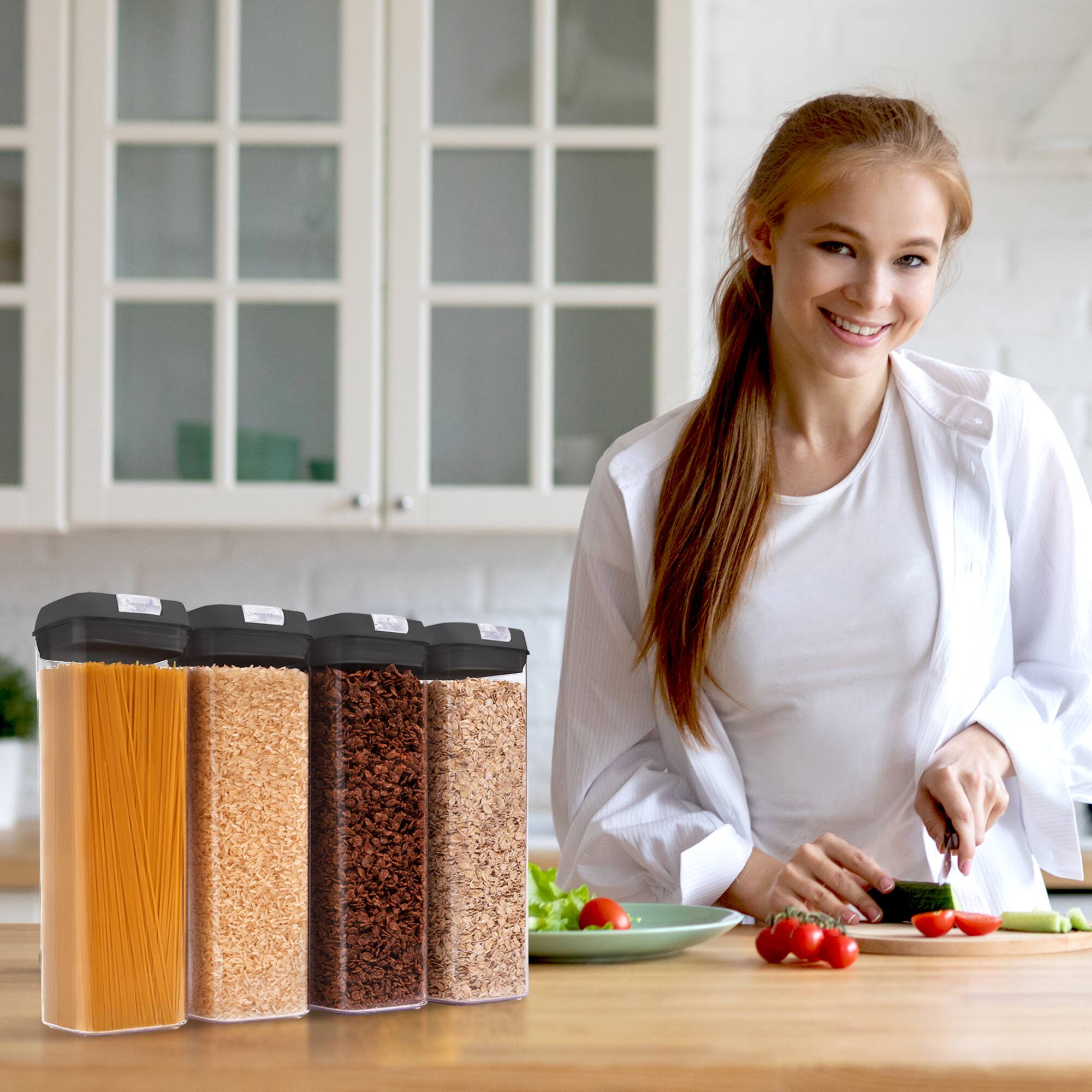 Angle. Cheer Collection - 1.9-Liter Airtight Pantry Food Storage Containers with Labels, 4-Pack, Black - No Color Family.