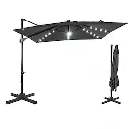 Gymax - 10FT Cantilever Patio Umbrella w/Solar LED Lights 360-Degree Rotation Easy Tilt 8 Ribs - Gray