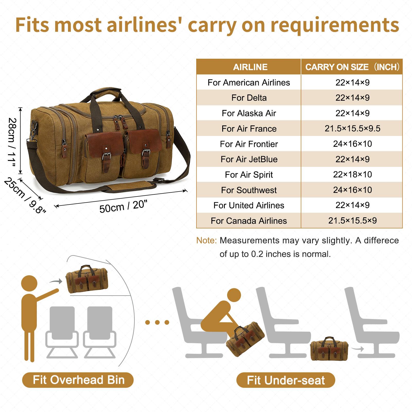 Fits most airlines' carry on requirements

AIRLINE | CARRY ON SIZE (INCH)

- For American Airlines | 22x14x9
- For Delta | 22x14x9
- For Alaska Air | 22x14x9
- For Air France | 21.5x15.5x9.5
- For Air Frontier | 24x16x10
- For Air JetBlue | 22x14x9
- For Air Spirit | 22x18x10
- For Southwest | 24x16x10
- For United Airlines | 22x14x9
- For Canada Airlines | 21.5x15.5x9

Note: Measurements may vary slightly. A difference of up to 0.2 inches is normal.

Fit Overhead Bin

Fit Under-seat