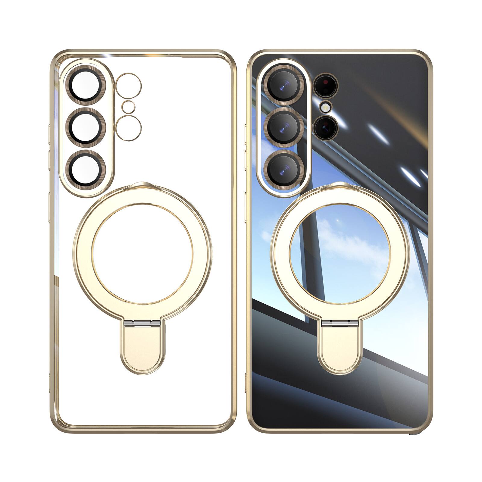 Angle. Dteck - Clear Mag Safe Case for Samsung Galaxy S26 Ultra,Transparent Back Plated Bumper Shockproof Metal Stand Cover + Lens Film - Gold.