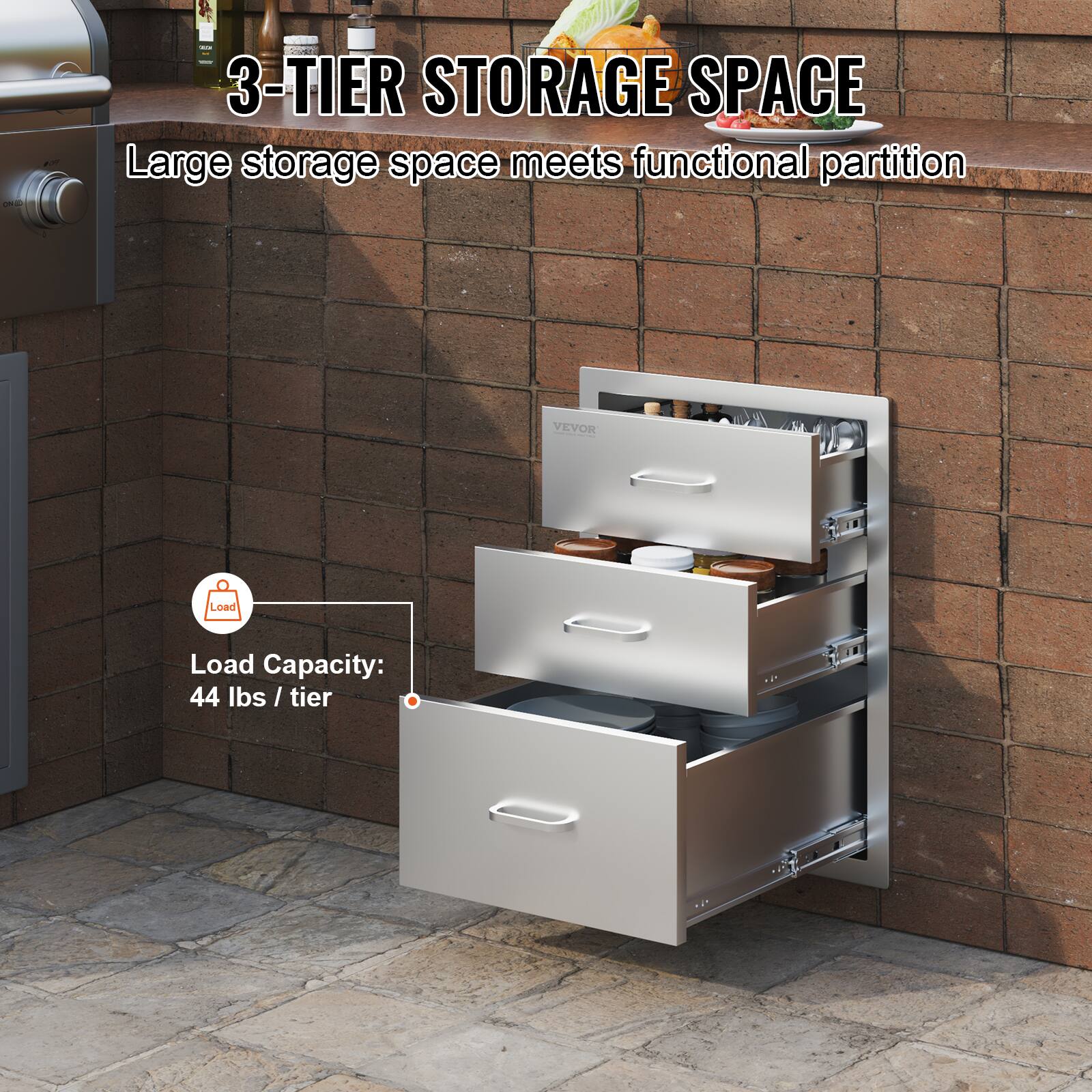3-TIER STORAGE SPACE  
Large storage space meets functional partition  

Load Capacity:  
44 lbs / tier