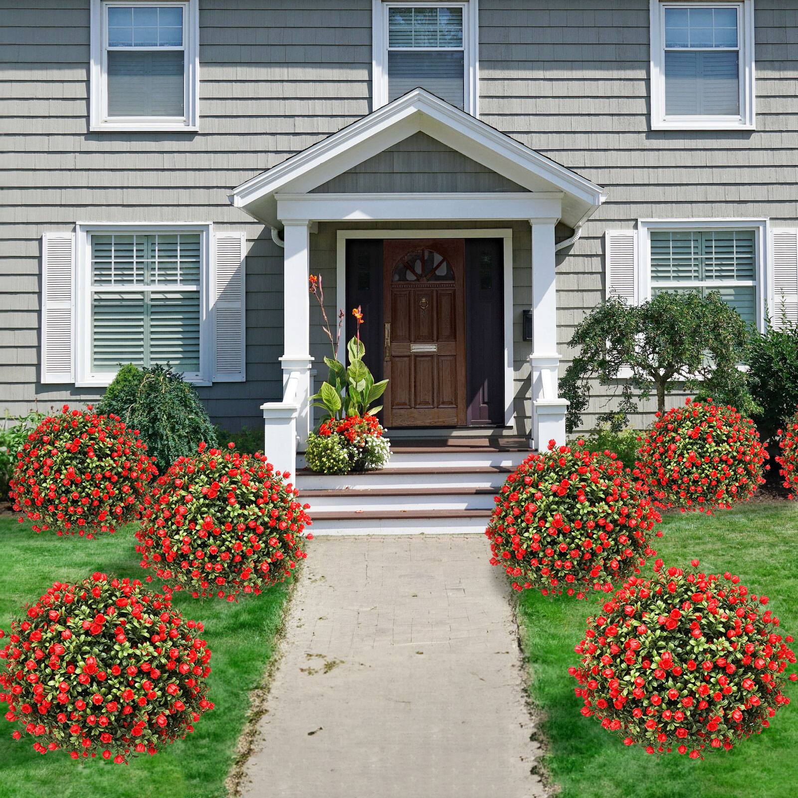 Angle. Oumilen - 2 Pack Artificial Red Rose Topiary Trees – UV Resistant Outdoor Fake Plants with Stakes, 26.3in for Garden Yard - Red.