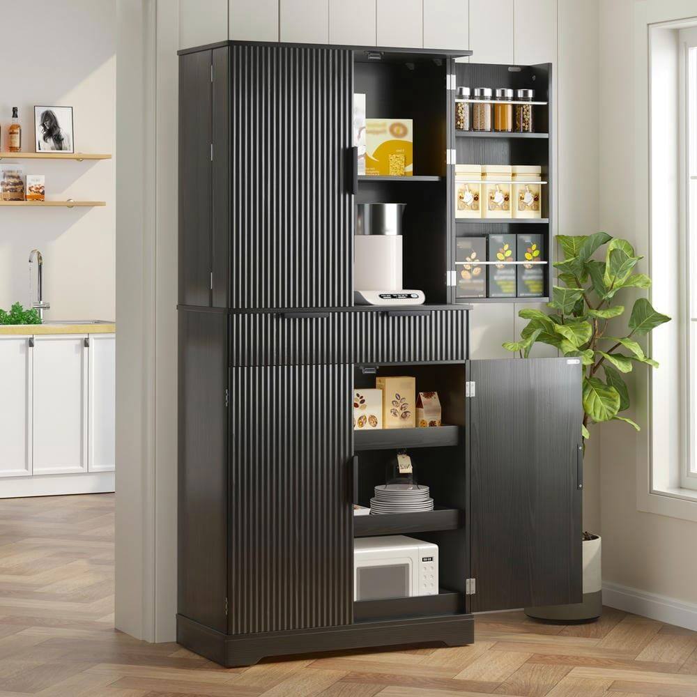 Alt View 5. Kadyn - 72" Fluted Kitchen Pantry with 3 Keyboard Drawers and Adjustable Shelves - Black - Black.
